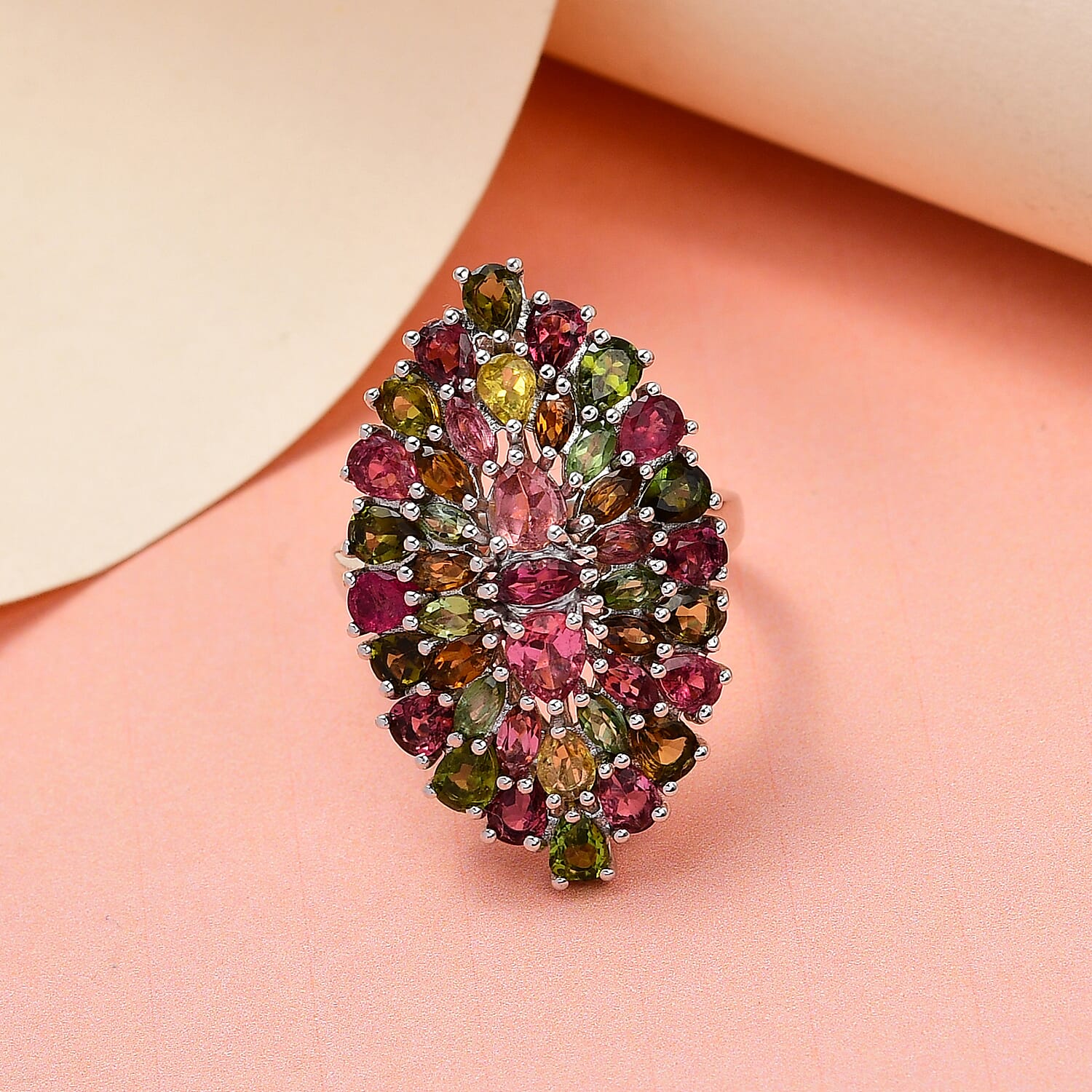 Multi -Tourmaline Cluster Ring in Platinum Overlay Sterling Silver 4.40 Ct.