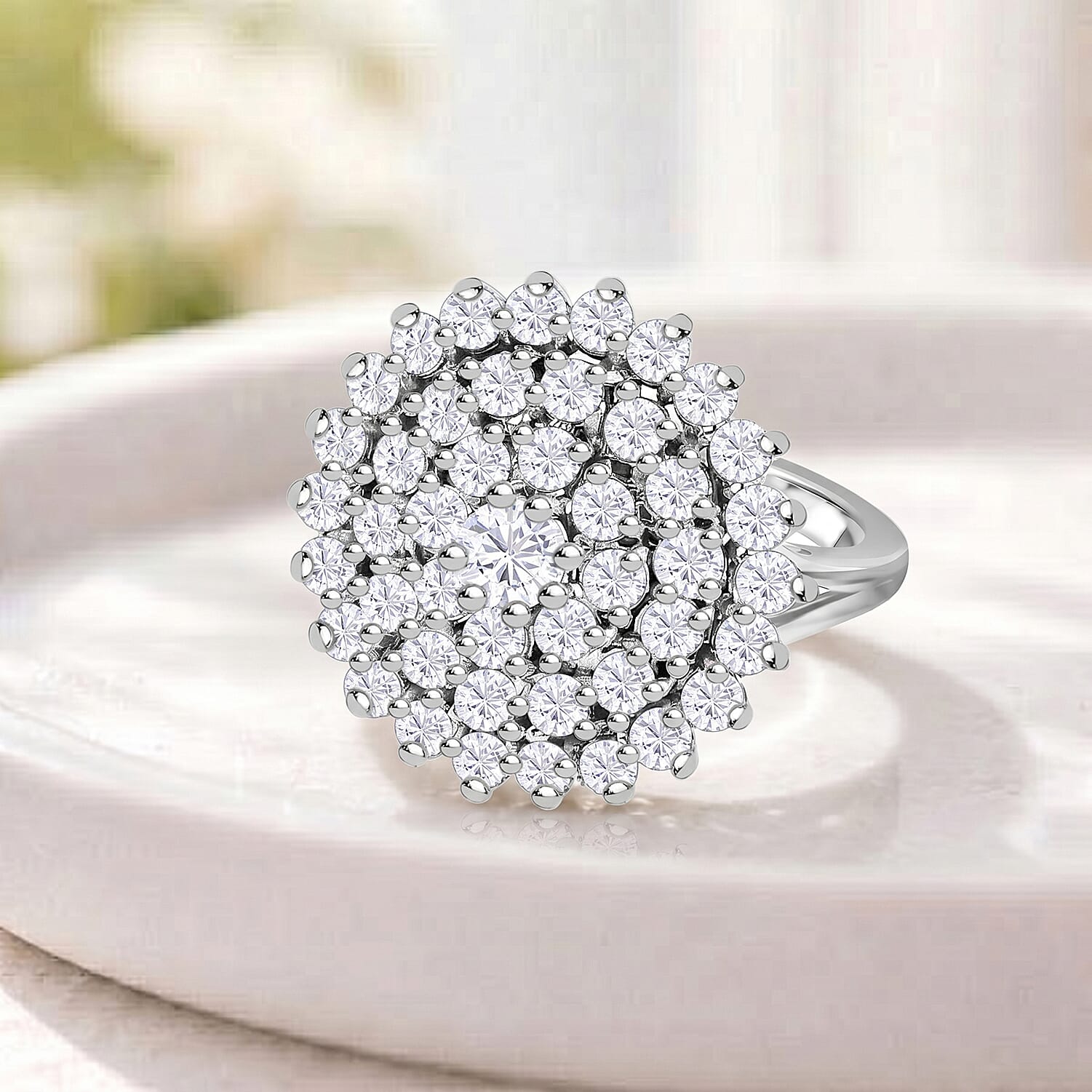 Royal Bali Collection - D'Joy Moissanite Cluster Ring in Platinum Overlay Sterling Silver 2.47 Ct