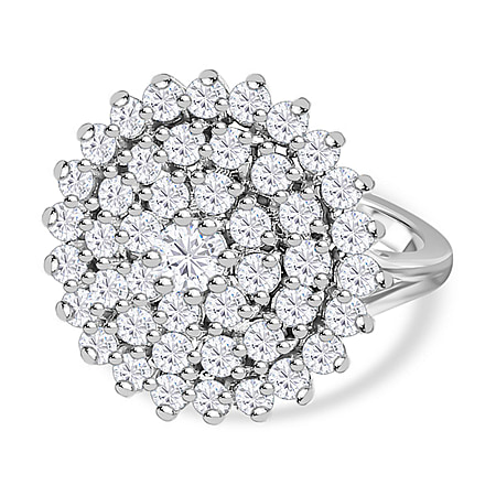 Moissanite Cluster Ring in Platinum Overlay Sterling Silver 2.46 Ct, Silver Wt 5.29 GM
