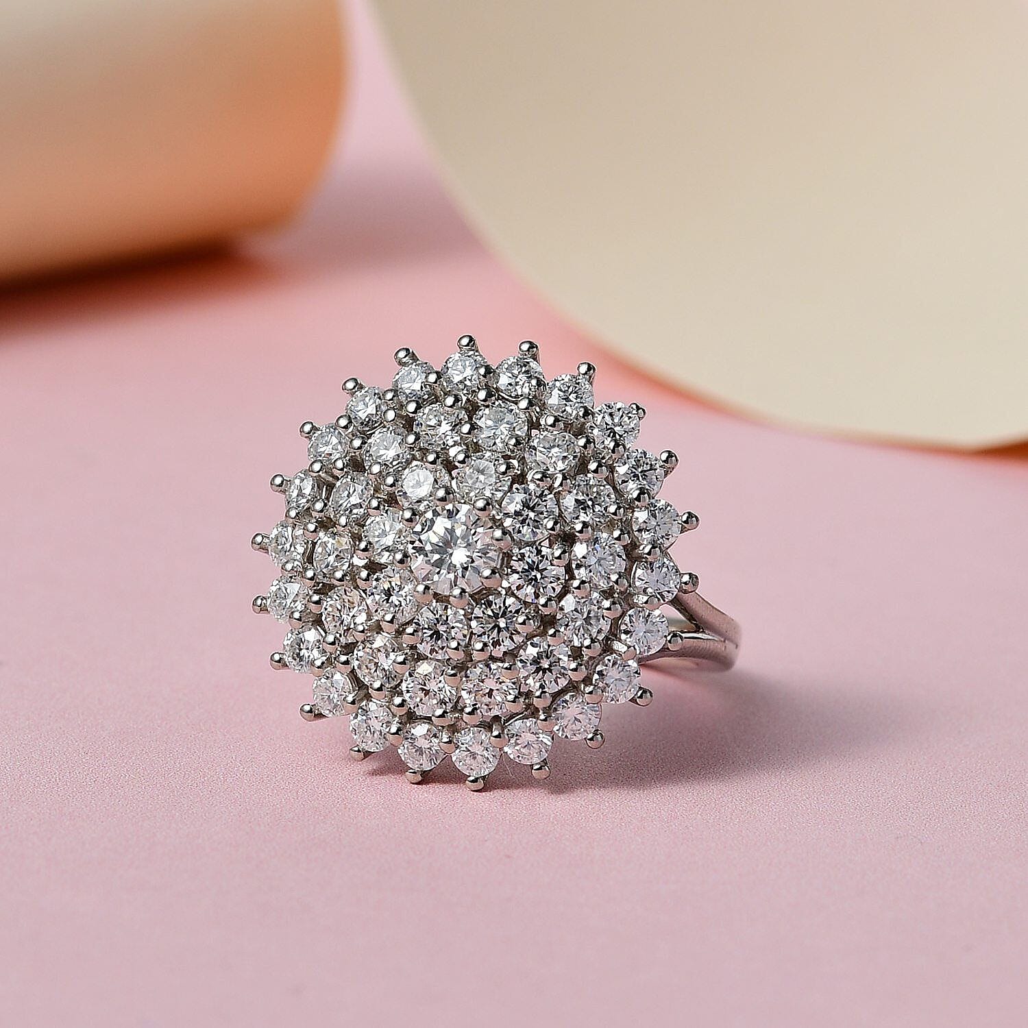 Moissanite Cluster Ring in Platinum Overlay Sterling Silver 2.33 Ct. Moissanite Cluster Ring in Platinum Overlay Sterling Silver 2.33 Ct.