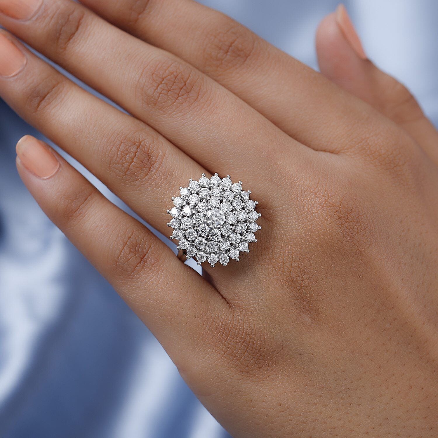 Moissanite Cluster Ring in Platinum Overlay Sterling Silver 2.33 Ct. Moissanite Cluster Ring in Platinum Overlay Sterling Silver 2.33 Ct.