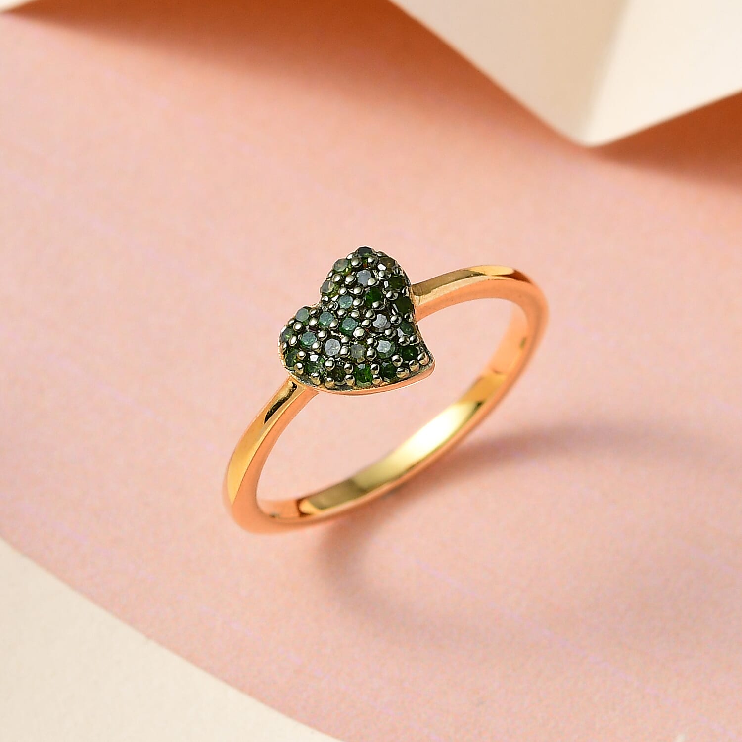 Green Diamond Heart Ring in 18K Vermeil Yellow Gold Plated Sterling Silver 0.20 Ct.
