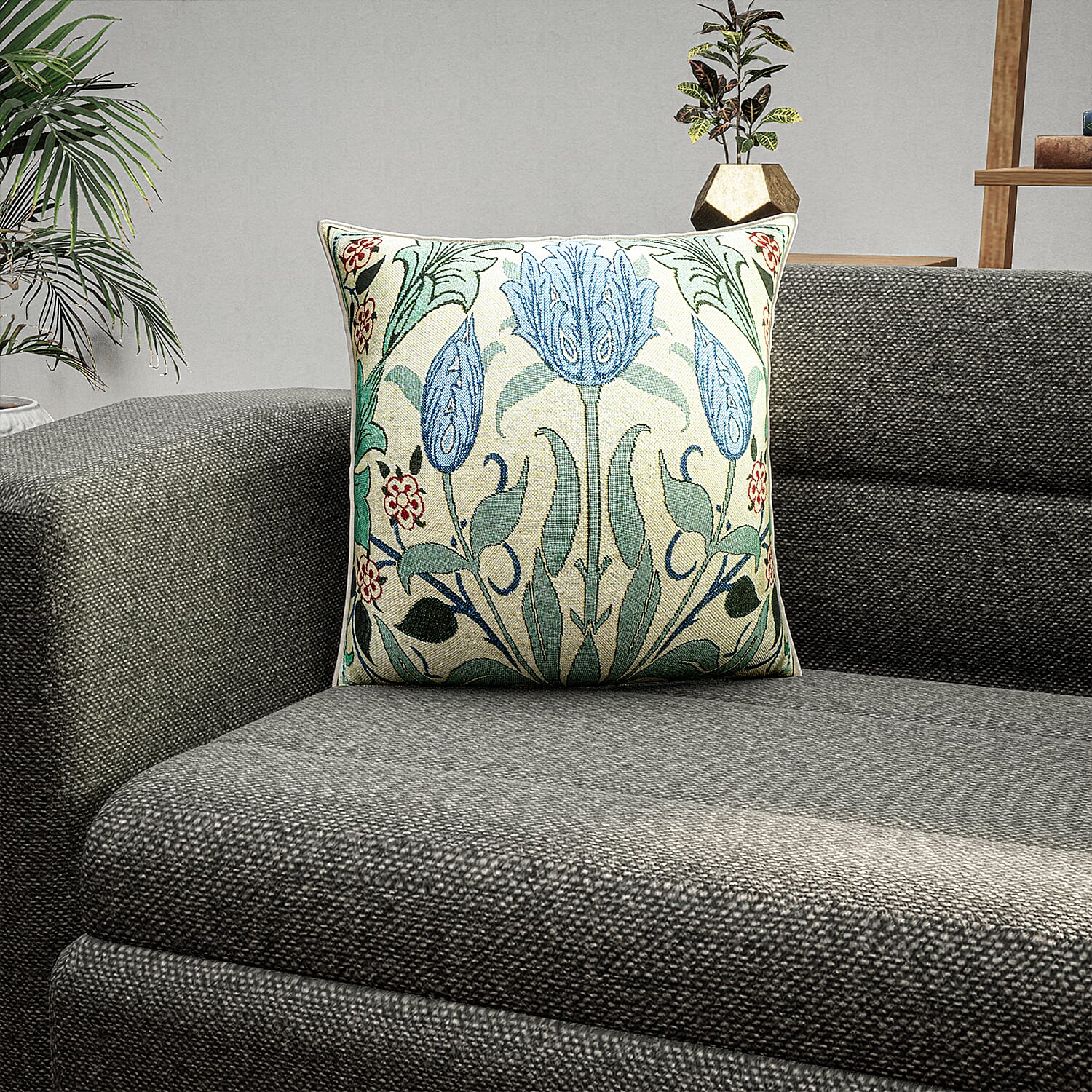 Signare Tapestry Tulip Cushion Cover (Size 44 Cm) - Blue and Multi