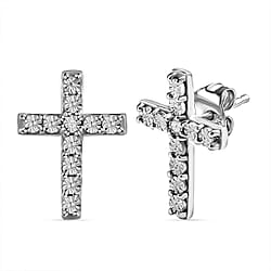 Diamond Cross Earrings (With Push Back) in Platinum Overlay Sterling Silver