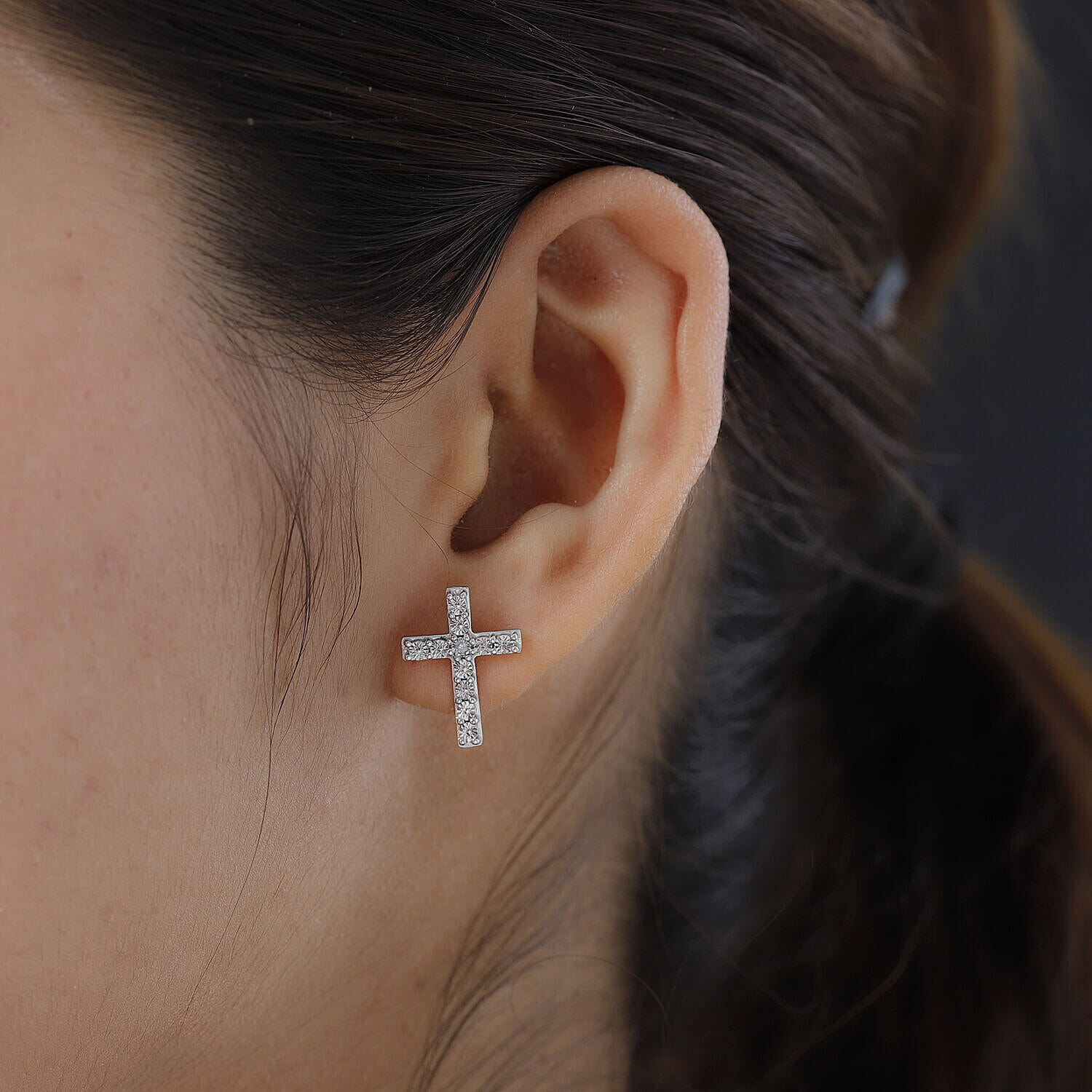 Diamond Cross Earrings (with Push Back) in Platinum Overlay Sterling Silver 0.016 Ct.