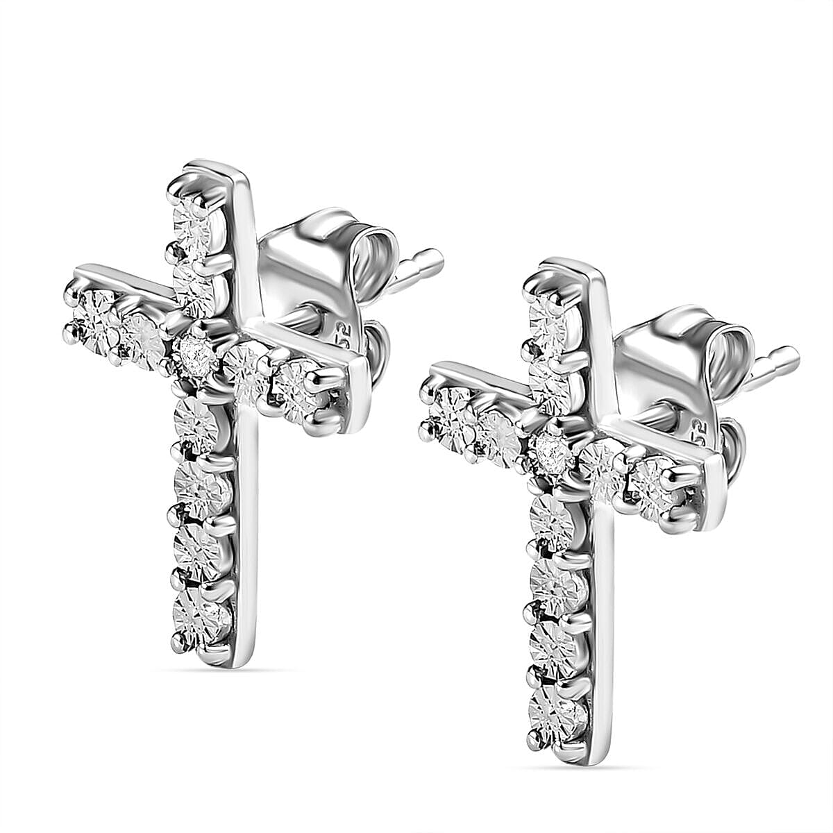 Diamond Cross Earrings (with Push Back) in Platinum Overlay Sterling Silver 0.016 Ct.