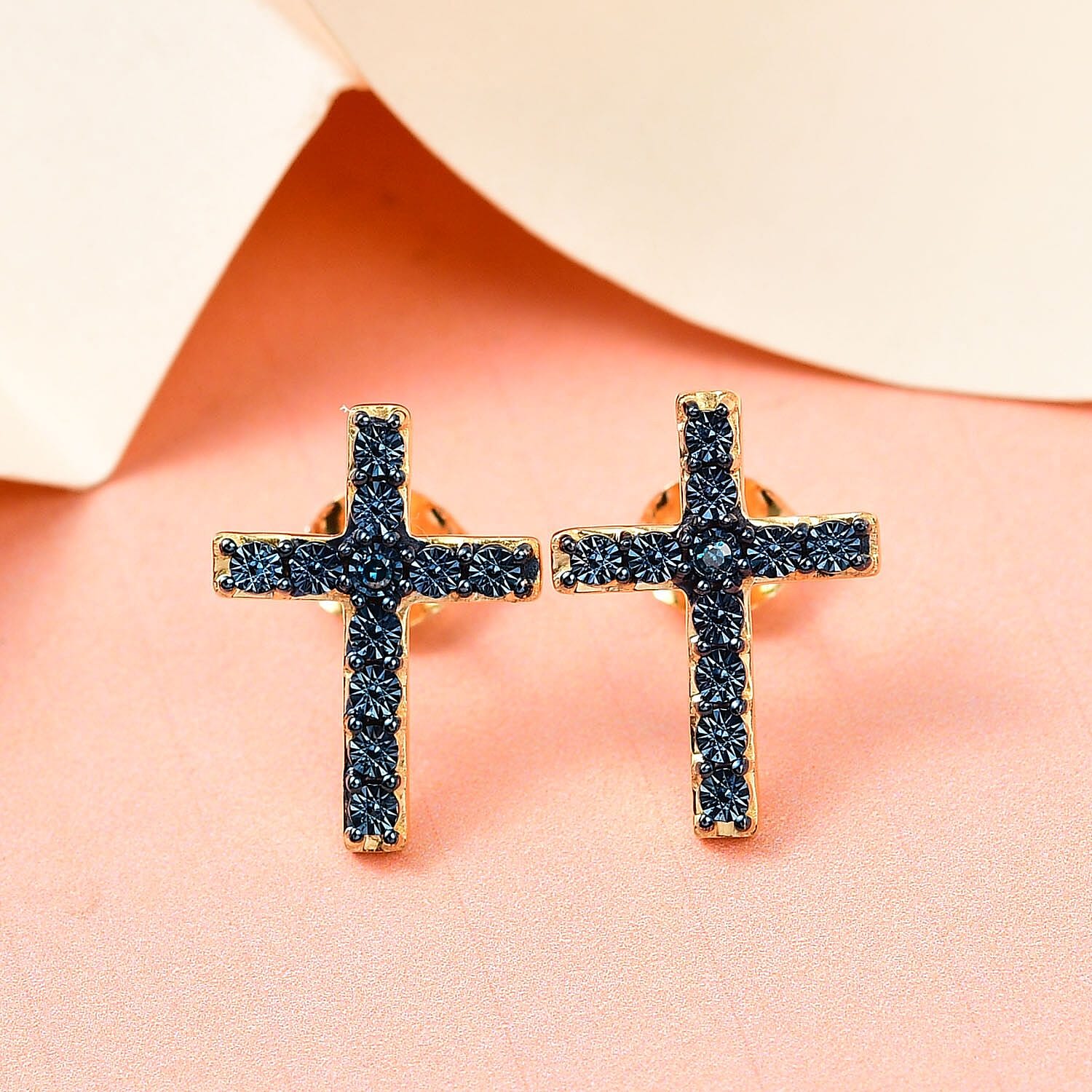 Blue Diamond  Cross Earring ( With Push Back)  in Vermeil YG Sterling Silver 0.02 ct