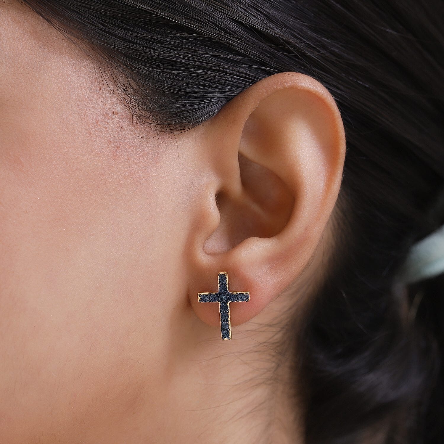 Blue Diamond  Cross Earring ( With Push Back)  in Vermeil YG Sterling Silver 0.02 ct
