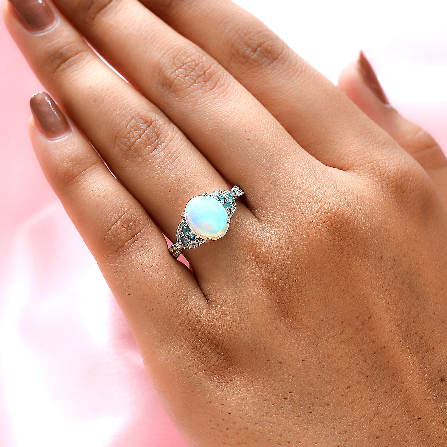 Ethiopian Welo Opal, Alexandrite and Natural Zircon Ring in Platinum Overlay Sterling Silver 2.024 Ct.