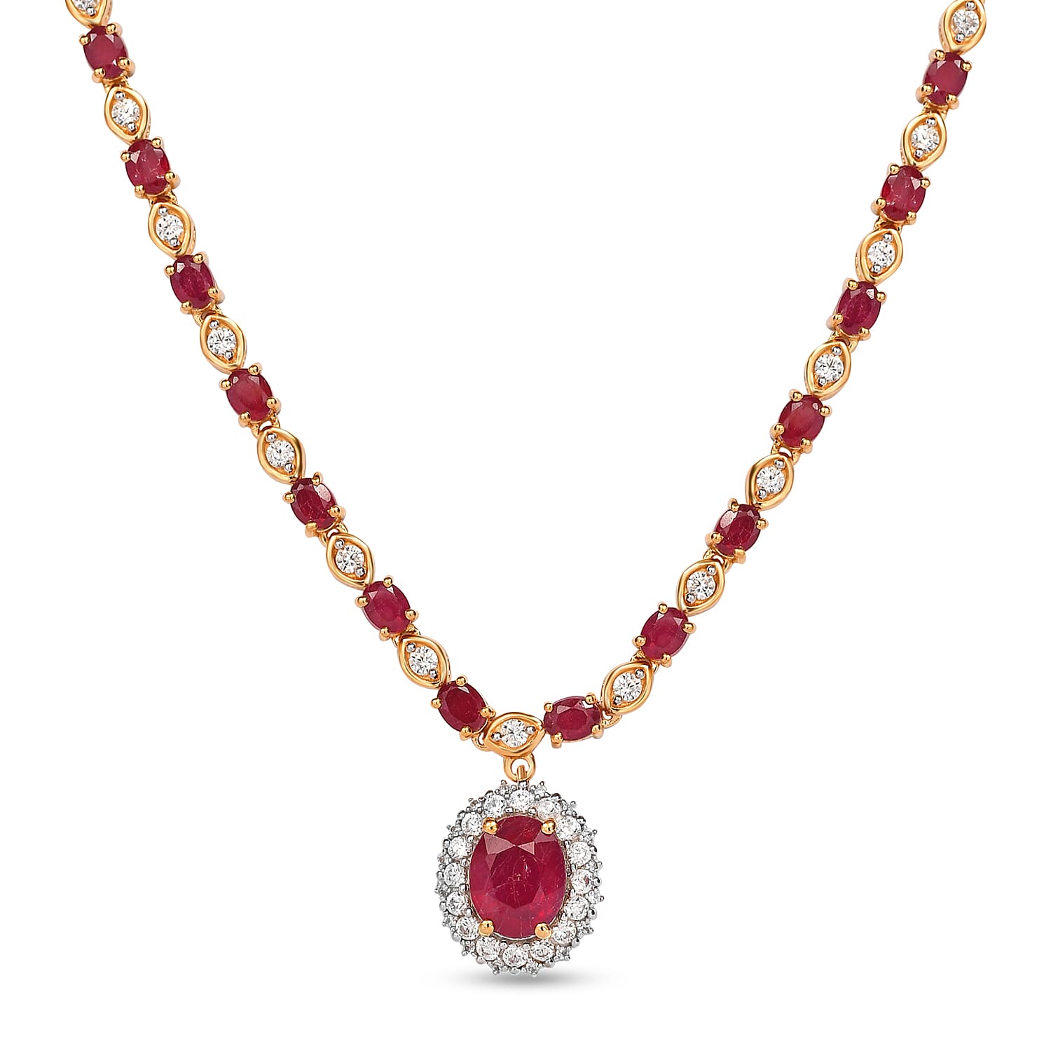 African Ruby and Natural Cambodian Zircon Necklace (Size - 18) in 18K Vermeil Yellow Gold Plated Sterling Silver 18.56 Ct.