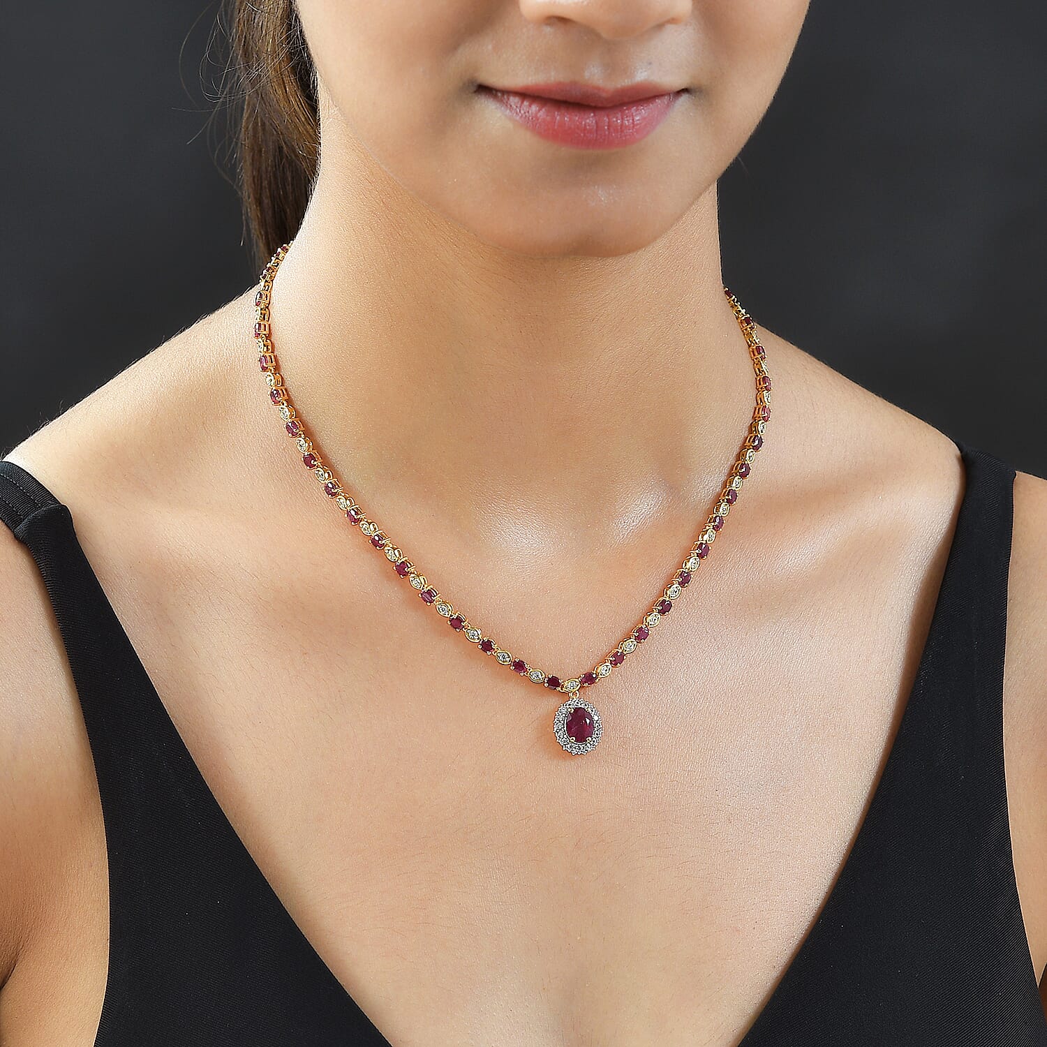 African Ruby and Natural Cambodian Zircon Necklace (Size - 18) in 18K Vermeil Yellow Gold Plated Sterling Silver 18.56 Ct.
