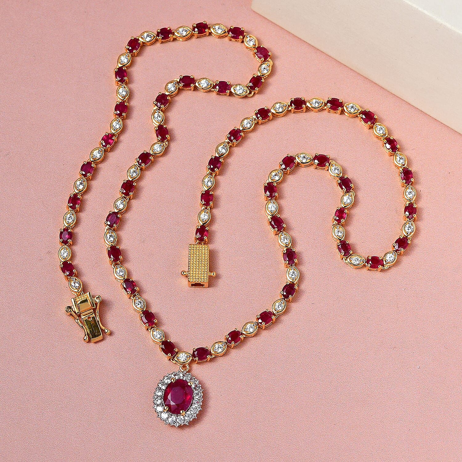 African Ruby and Natural Cambodian Zircon Necklace (Size - 18) in 18K Vermeil Yellow Gold Plated Sterling Silver 18.56 Ct.