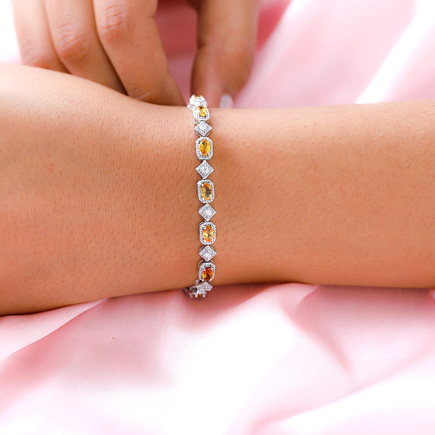 Spessartine Garnet and Natural Zircon Tennis Bracelet (Size - 7.5) in Platinum Overlay Sterling Silver 5.64 Ct, Silver Wt. 11.30 Gms