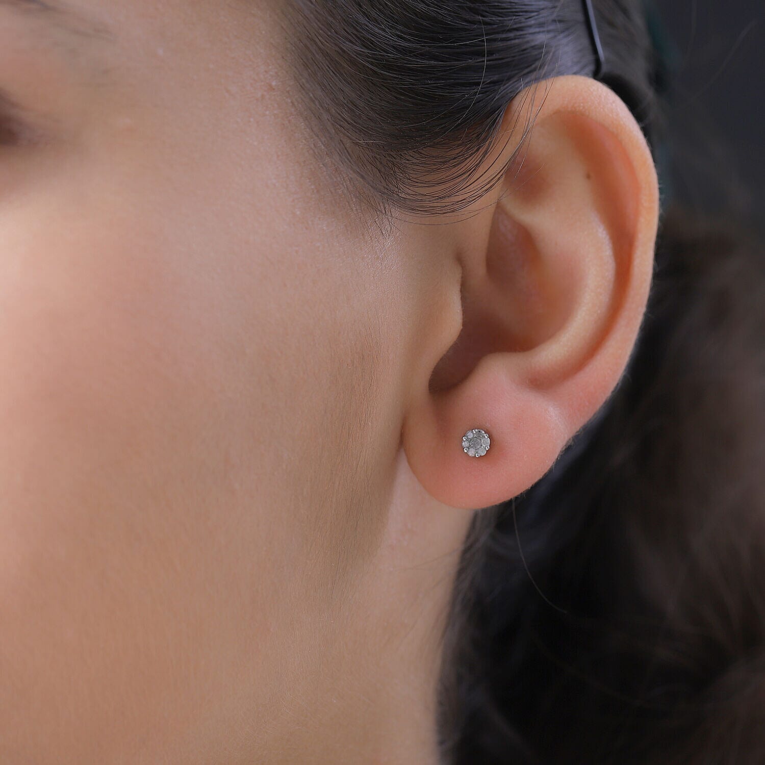 Natural Diamond Stud Earrings in Platinum Overlay Sterling Silver