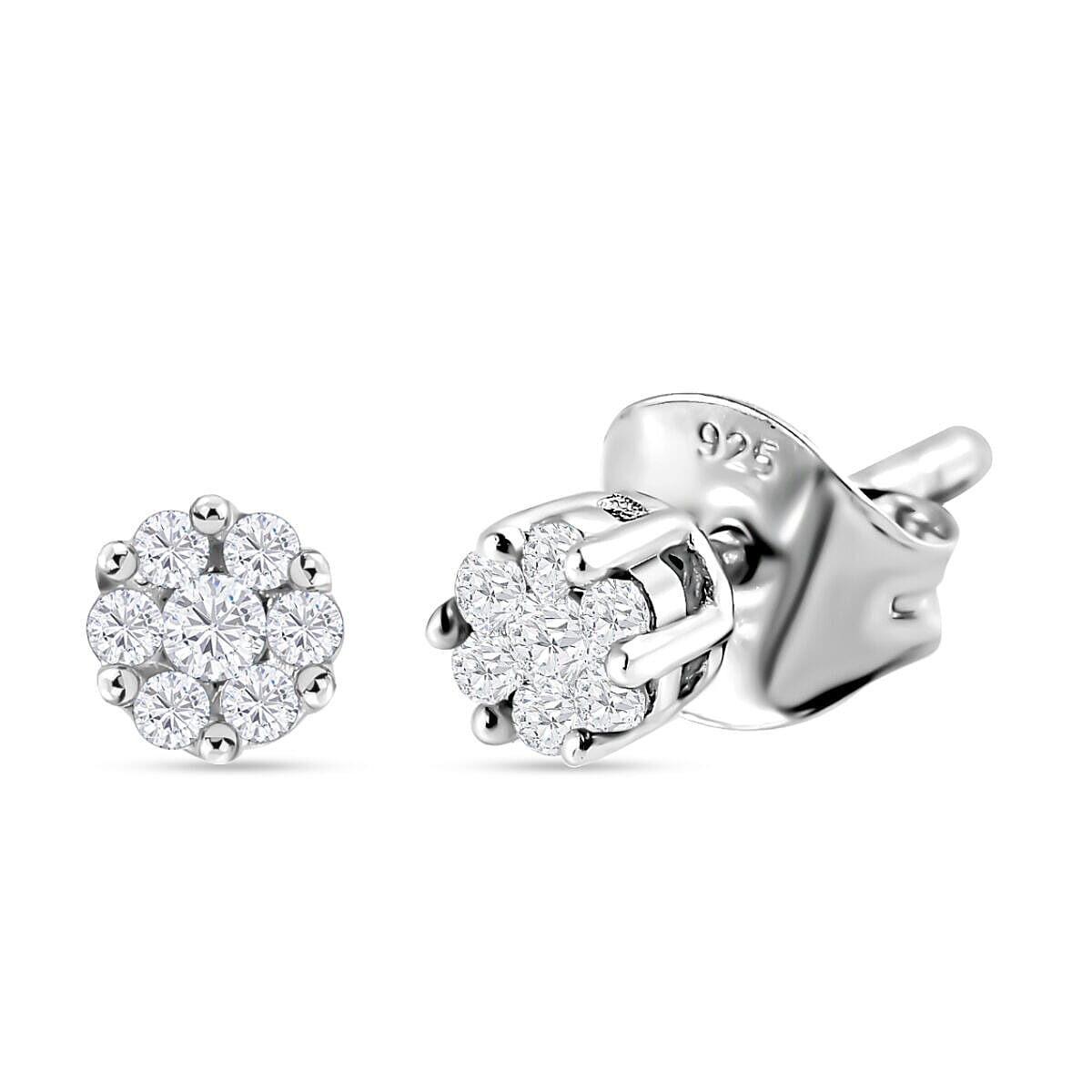Natural Diamond Stud Earrings in Platinum Overlay Sterling Silver