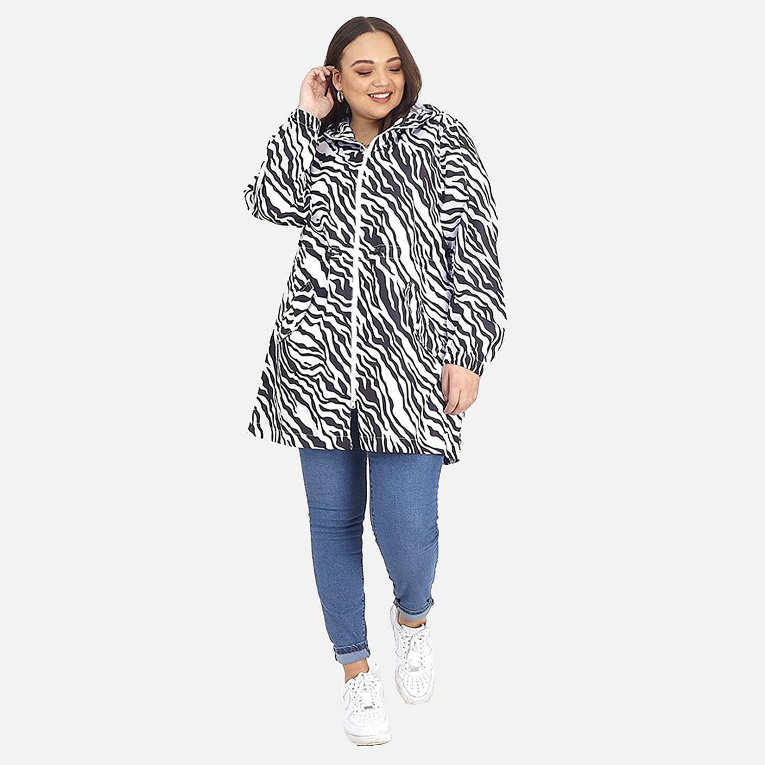 Brave Soul Zebra Pattern Water Resistant Hooded Rain Mac  (Size 20) - Black & White