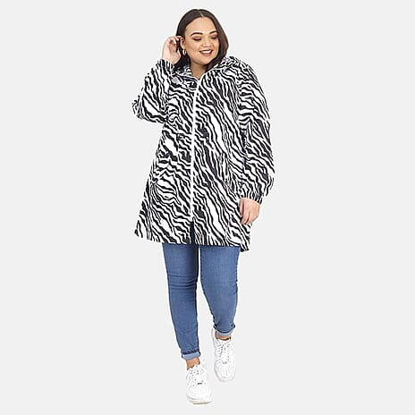 Brave Soul Zebra Pattern Water Resistant Hooded Rain Mac (Size 20) - Black - White