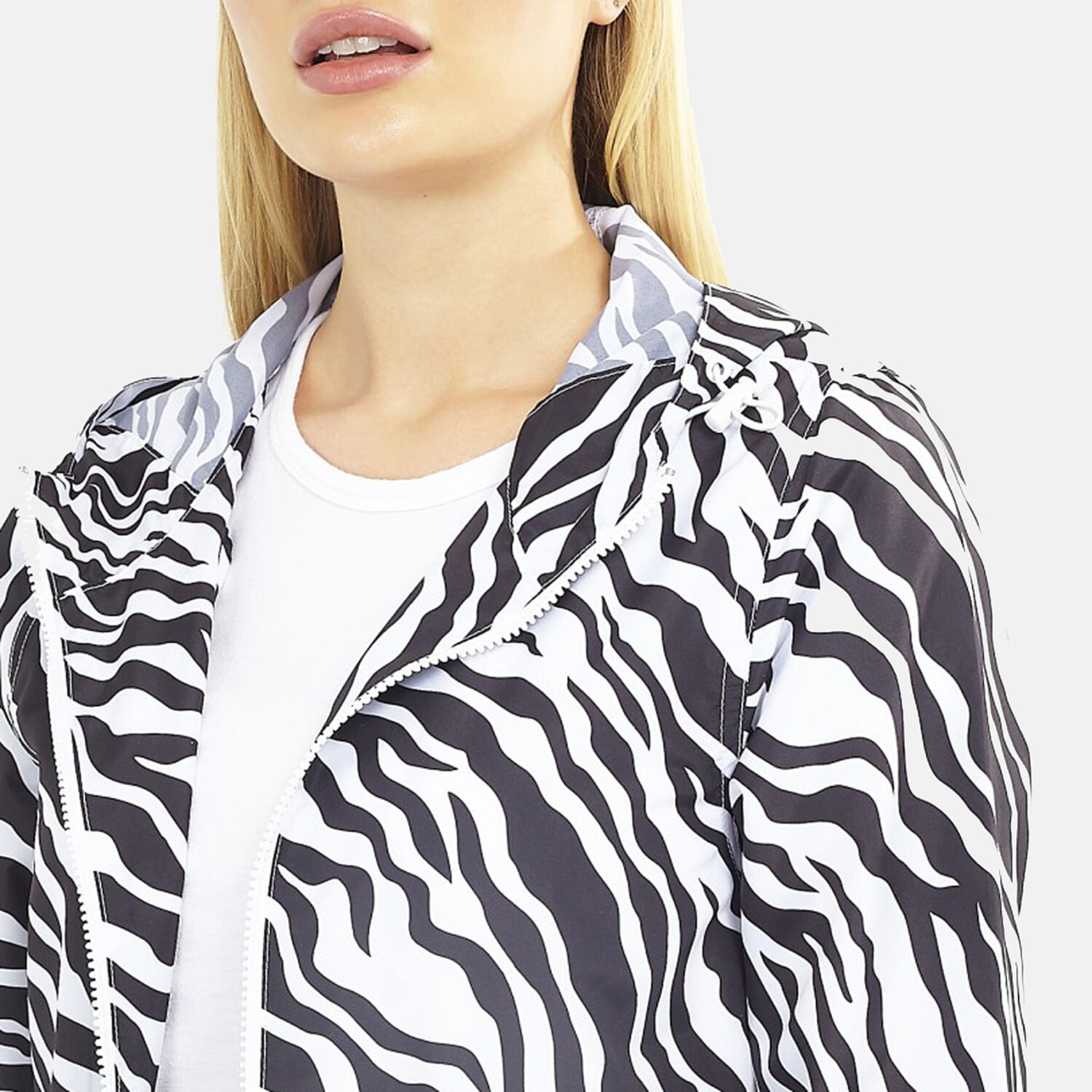 Brave Soul Zebra Pattern Water Resistant Hooded Rain Mac  (Size 20) - Black & White