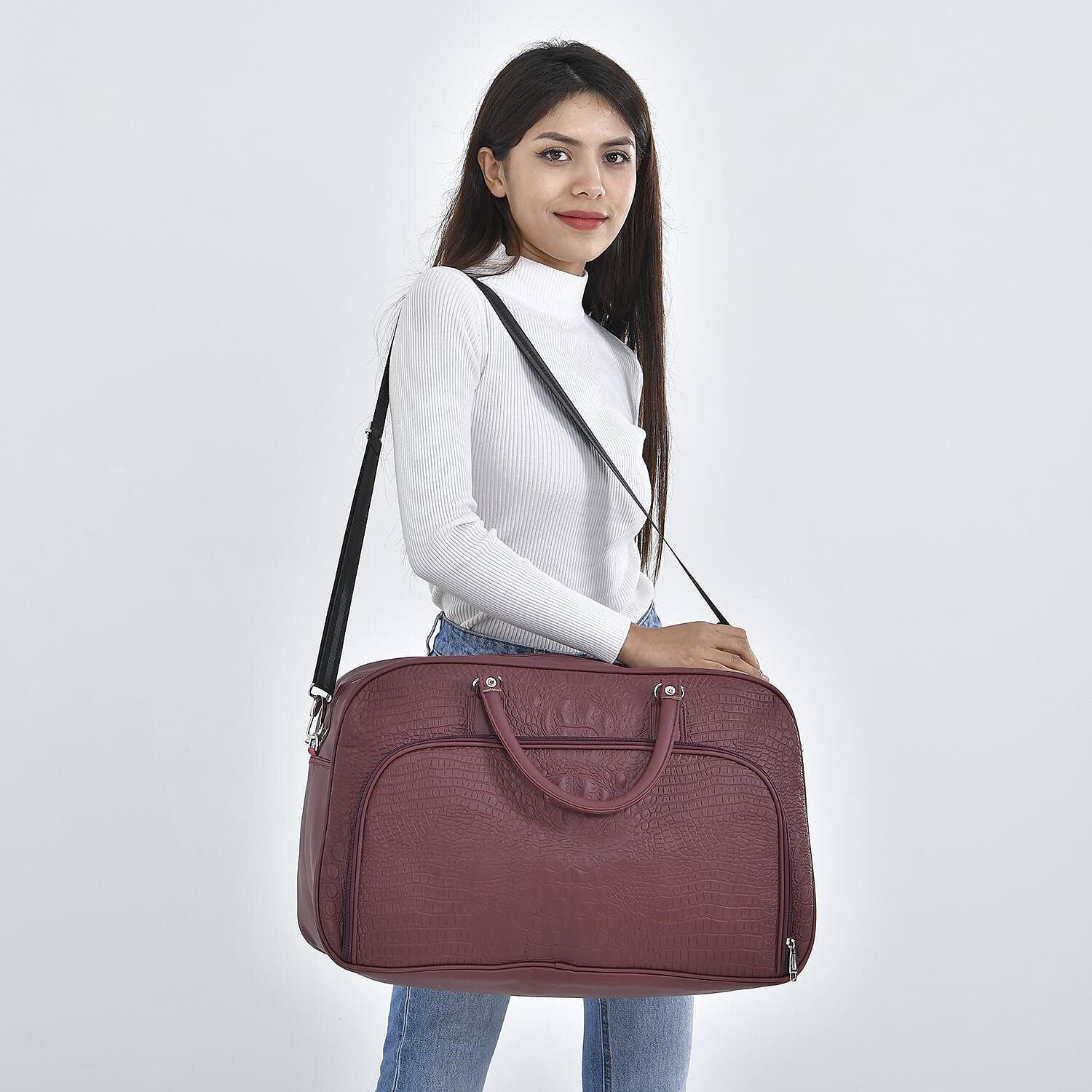 Closeout Deal - Leatherette Croc Embossed Holdall Travel Bag - Burgundy