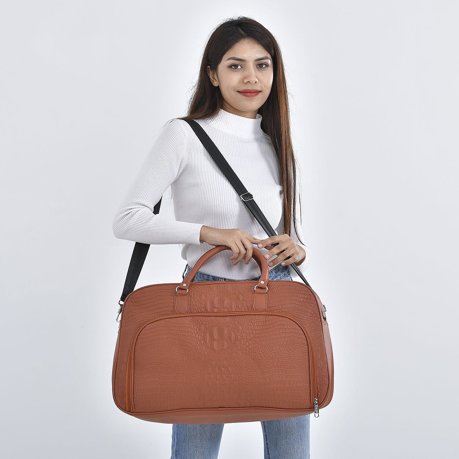 Closeout Deal - Leatherette Croc Embossed Holdall Travel Bag - Tan