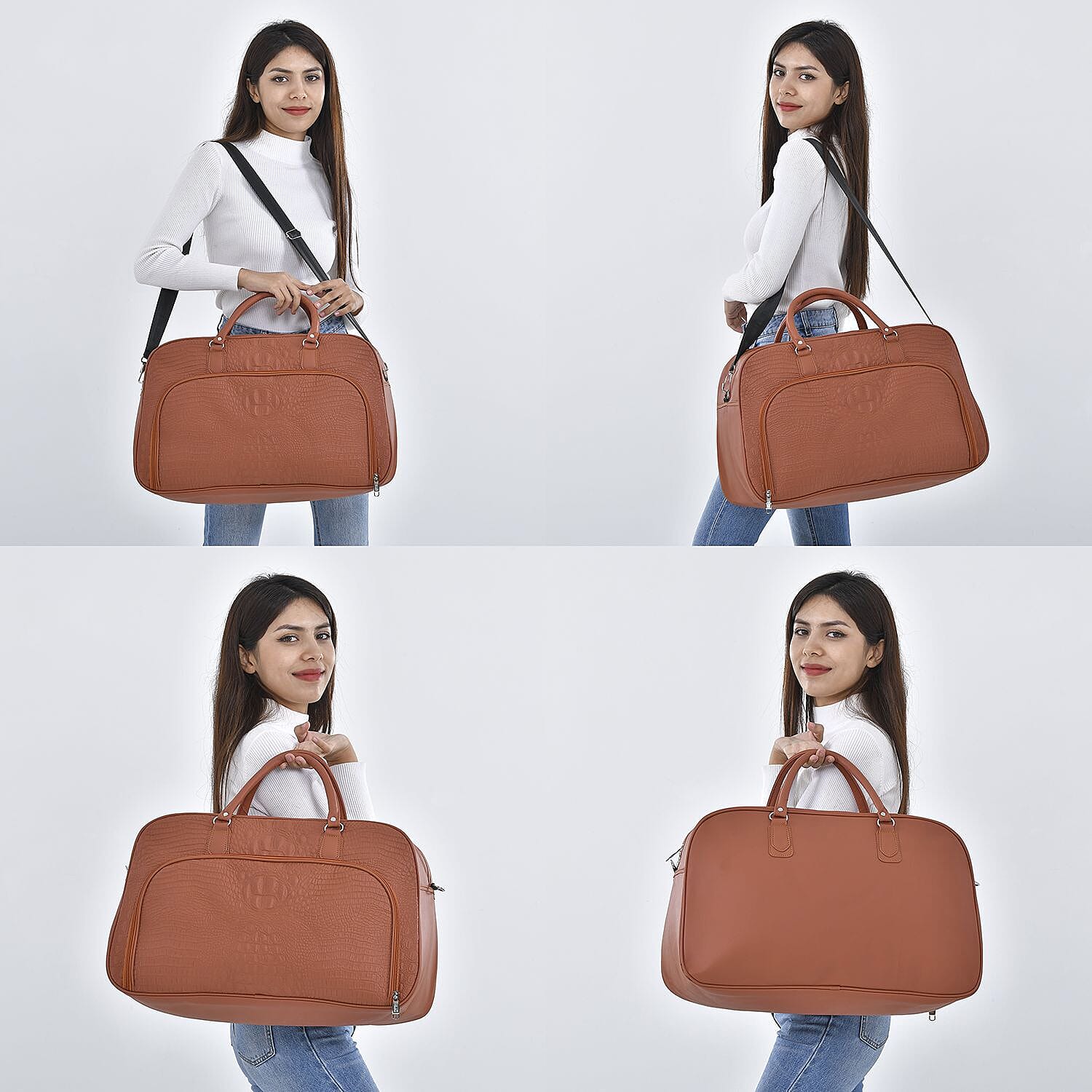 Closeout Deal - Leatherette Croc Embossed Holdall Travel Bag - Tan