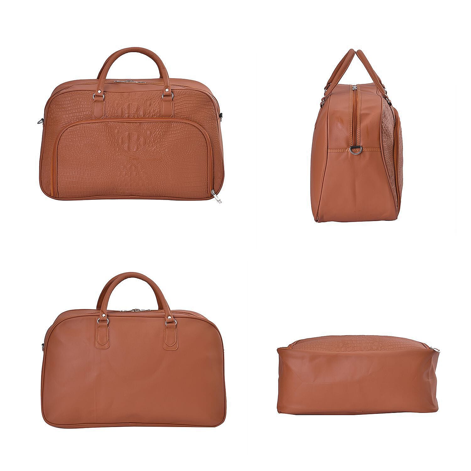 Closeout Deal - Leatherette Croc Embossed Holdall Travel Bag - Tan