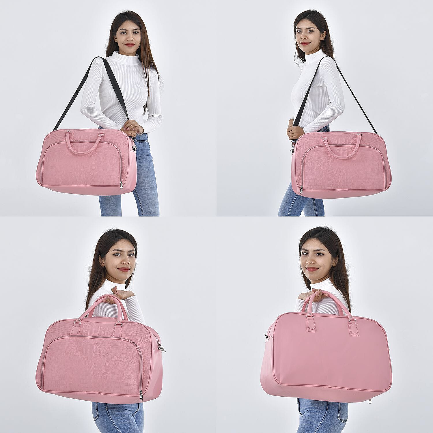 Closeout Deal - Leatherette Croc Embossed Holdall Travel Bag - Pink