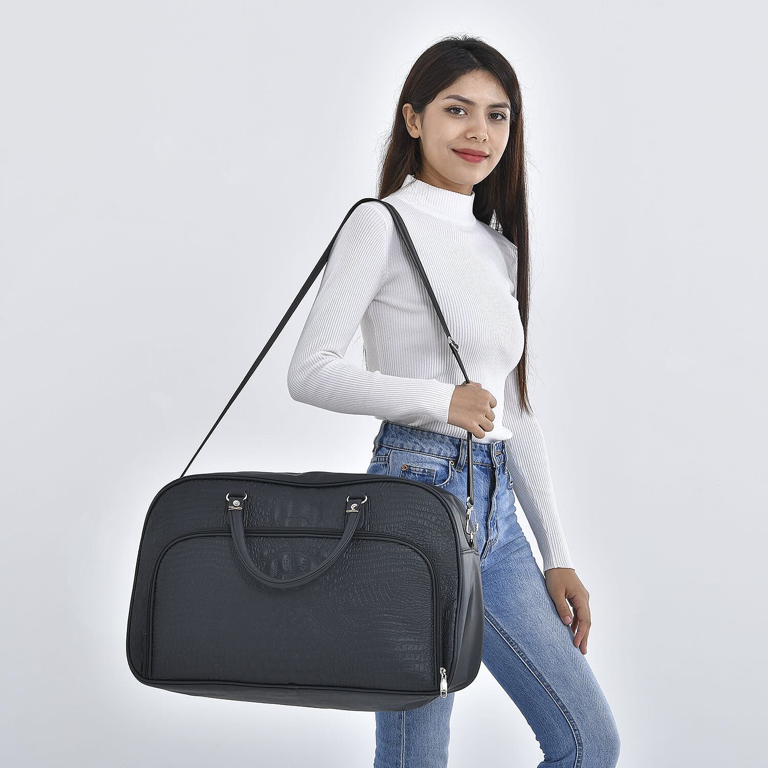 Closeout Deal - Leatherette Croc Embossed Holdall Travel Bag - Black