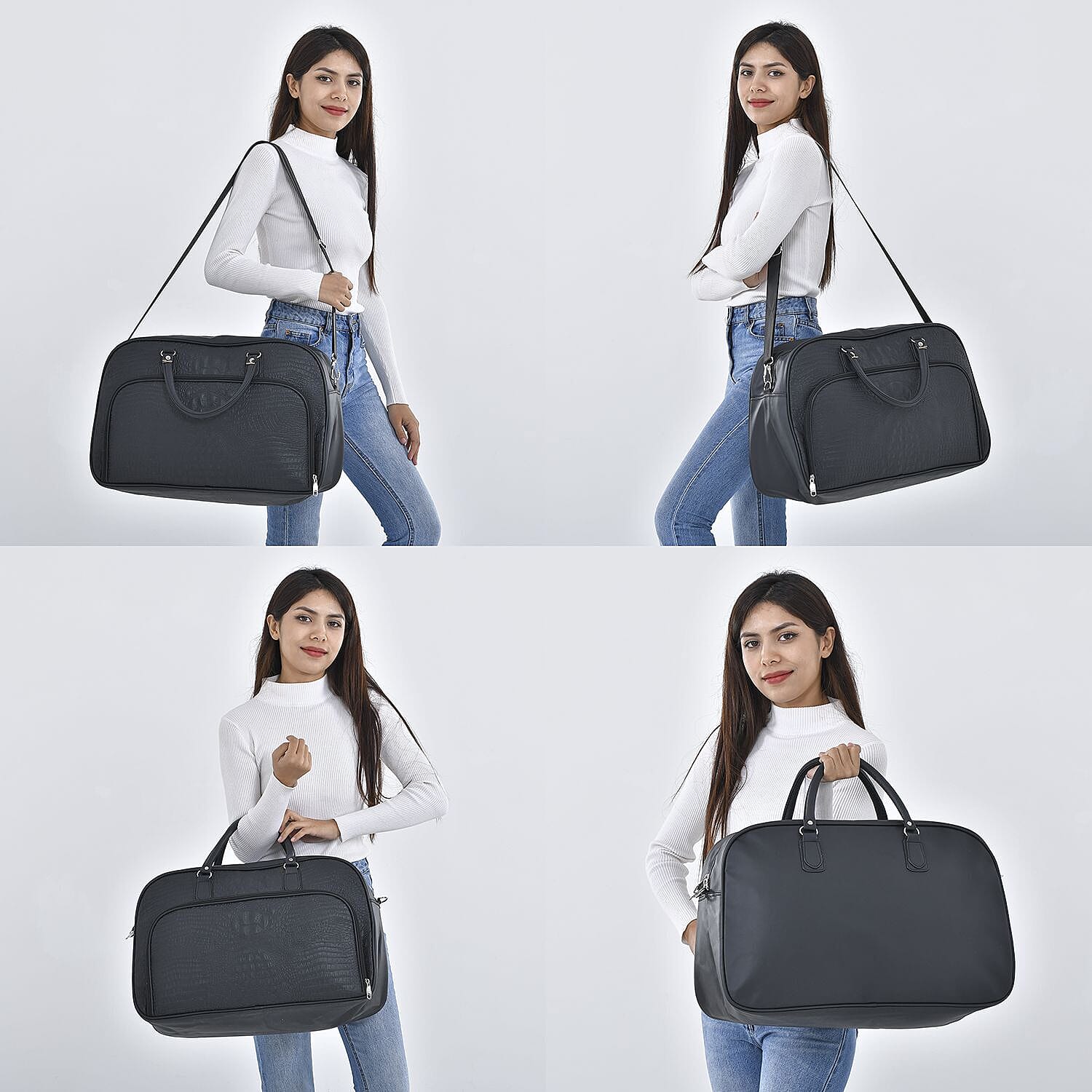 Closeout Deal - Leatherette Croc Embossed Holdall Travel Bag - Black