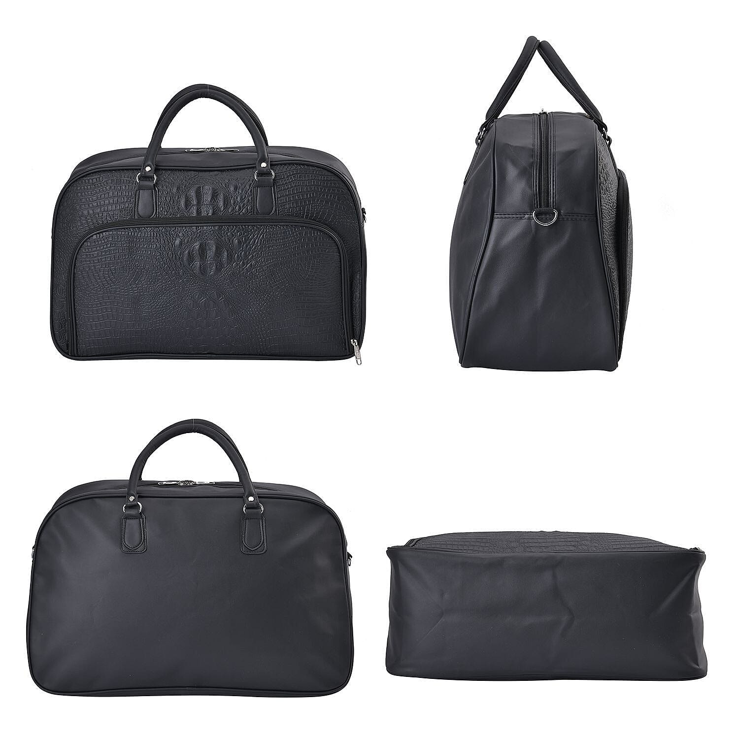 Closeout Deal - Leatherette Croc Embossed Holdall Travel Bag - Black
