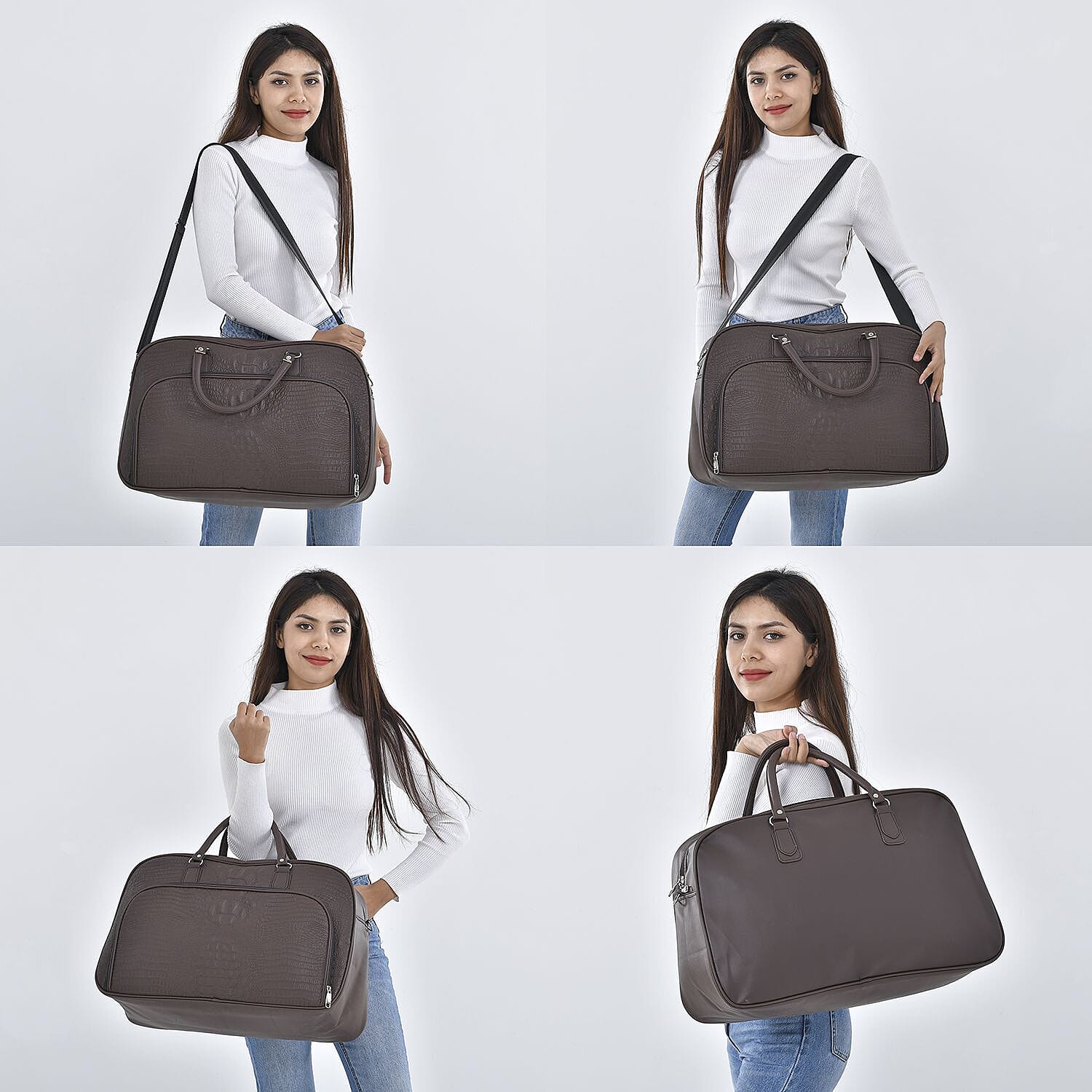 Closeout Deal - Leatherette Croc Embossed Holdall Travel Bag - Coffee