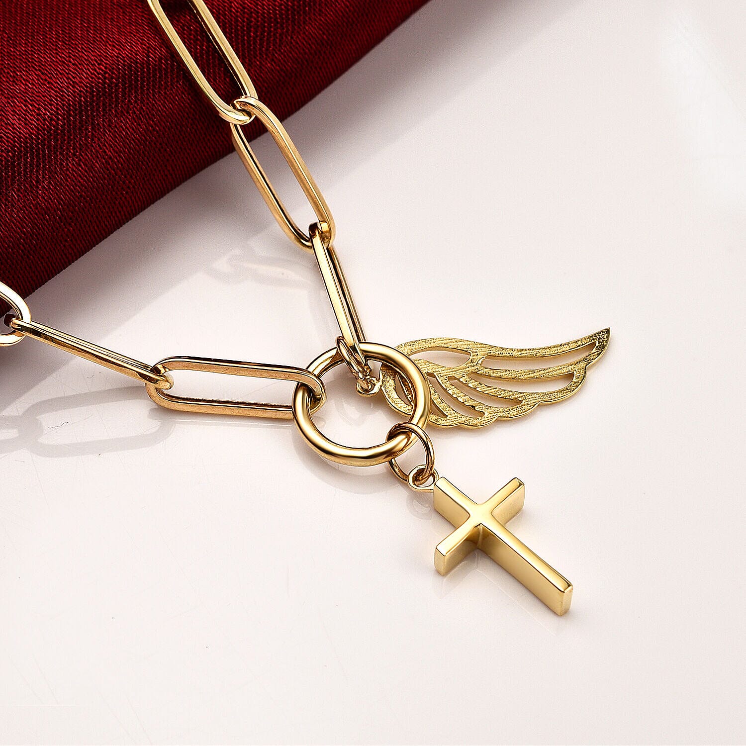 9K Yellow Gold Cross and Angel Wing Necklace (Size - 18), Gold Wt. 6.29 Gms