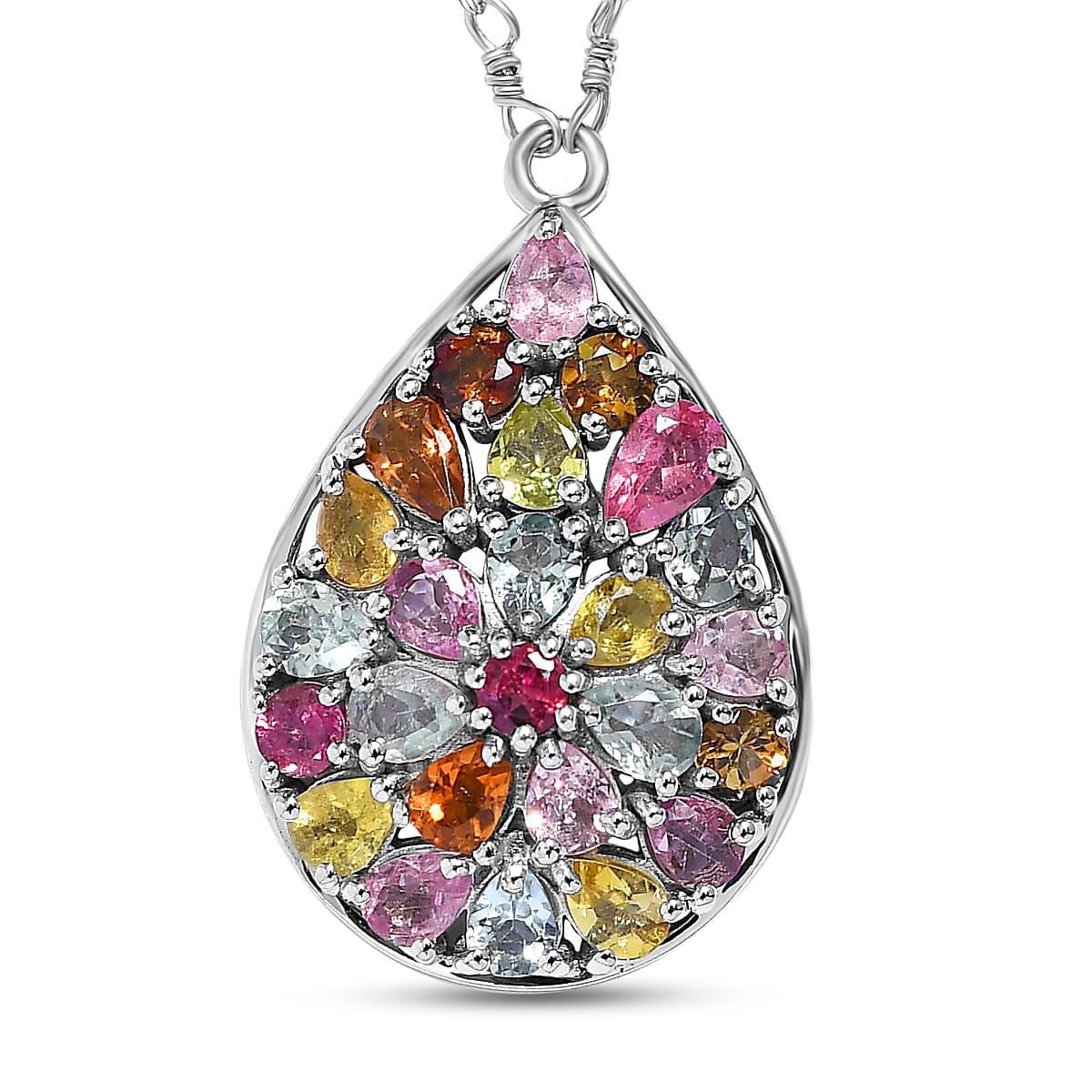 Multi-Tourmaline Cluster Necklace (Size - 20) in Platinum Overlay Sterling Silver 10.59 Ct, Silver Wt. 7.28 Gms