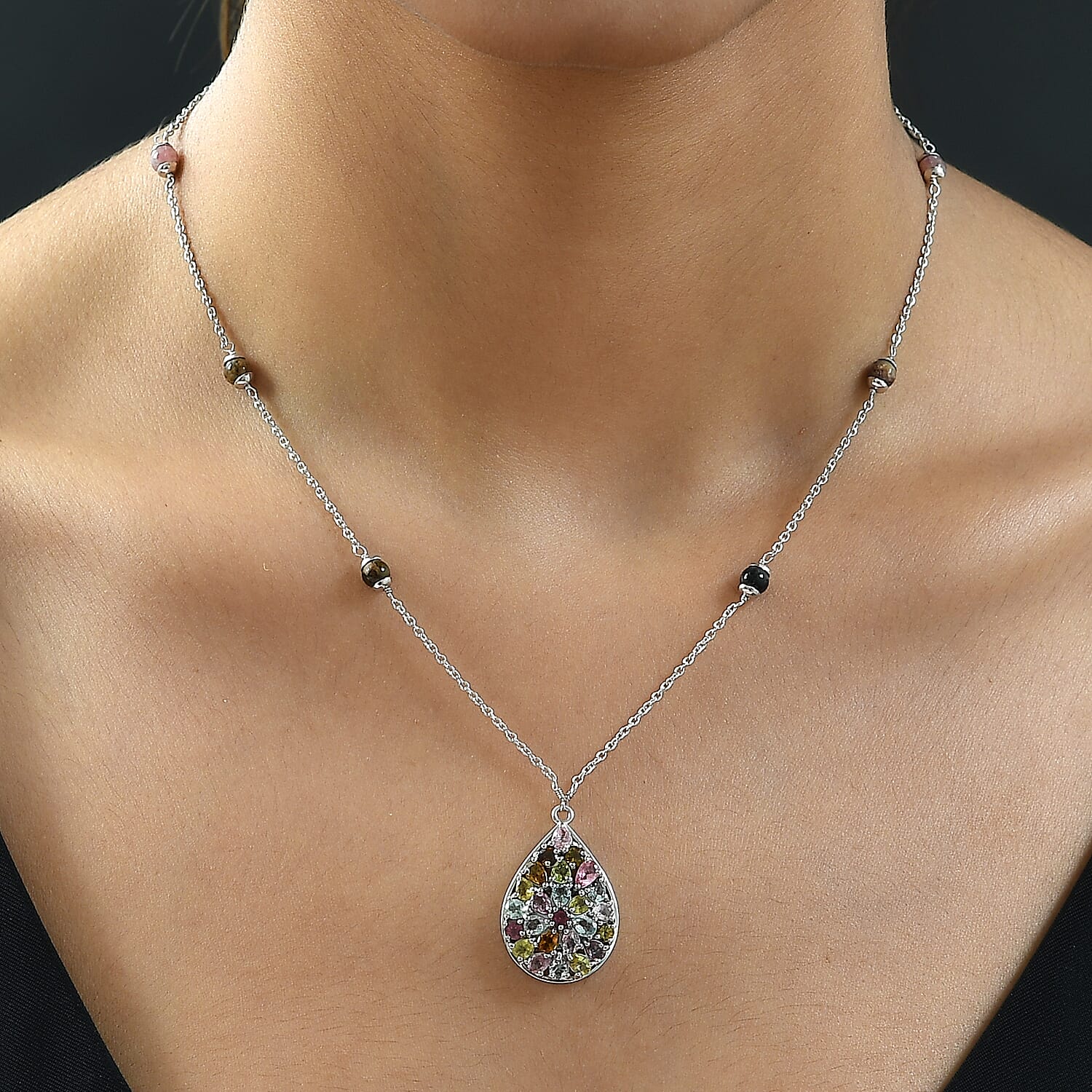 Multi-Tourmaline Cluster Necklace (Size - 20) in Platinum Overlay Sterling Silver 10.59 Ct, Silver Wt. 7.28 Gms