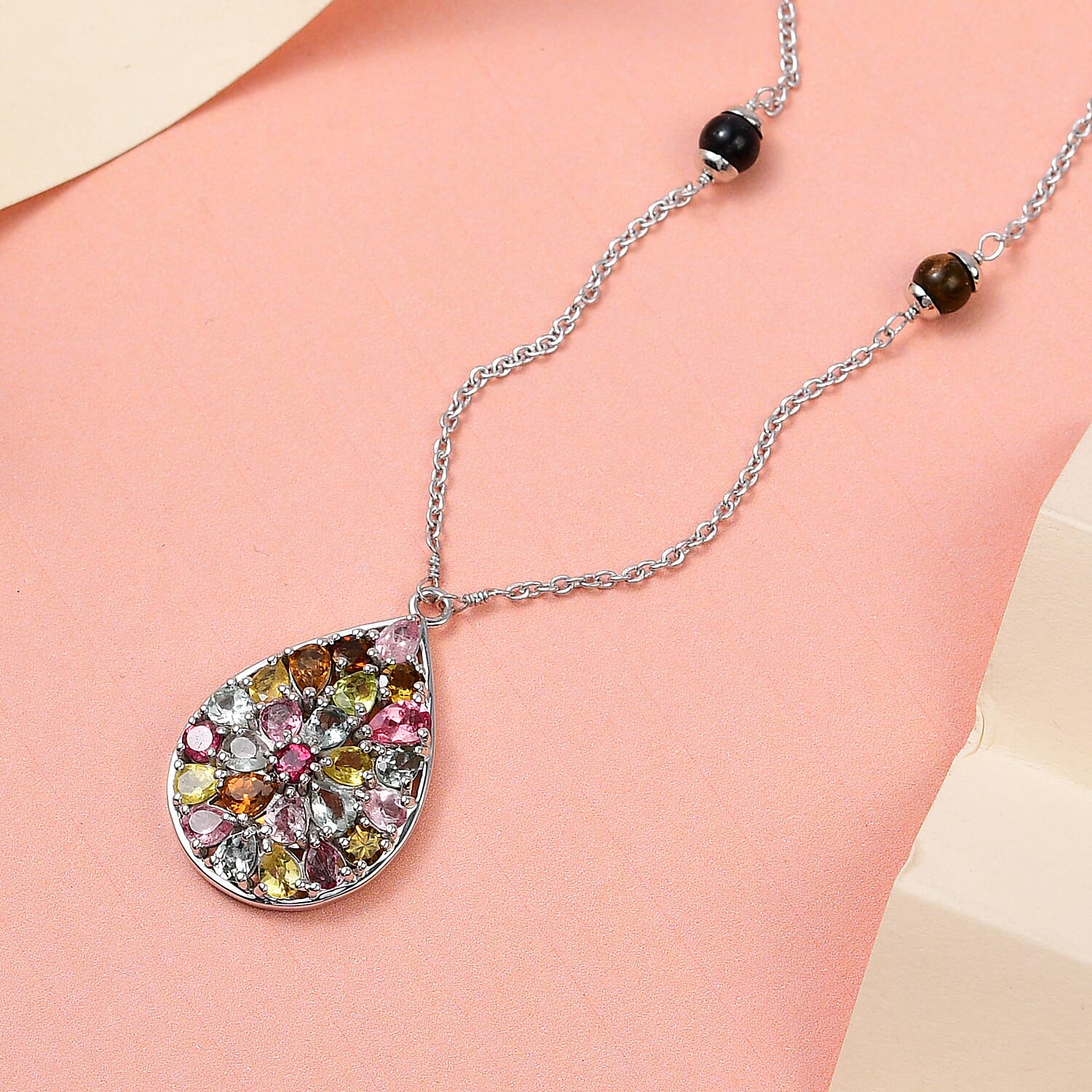 Multi-Tourmaline Cluster Necklace (Size - 20) in Platinum Overlay Sterling Silver 10.59 Ct, Silver Wt. 7.28 Gms
