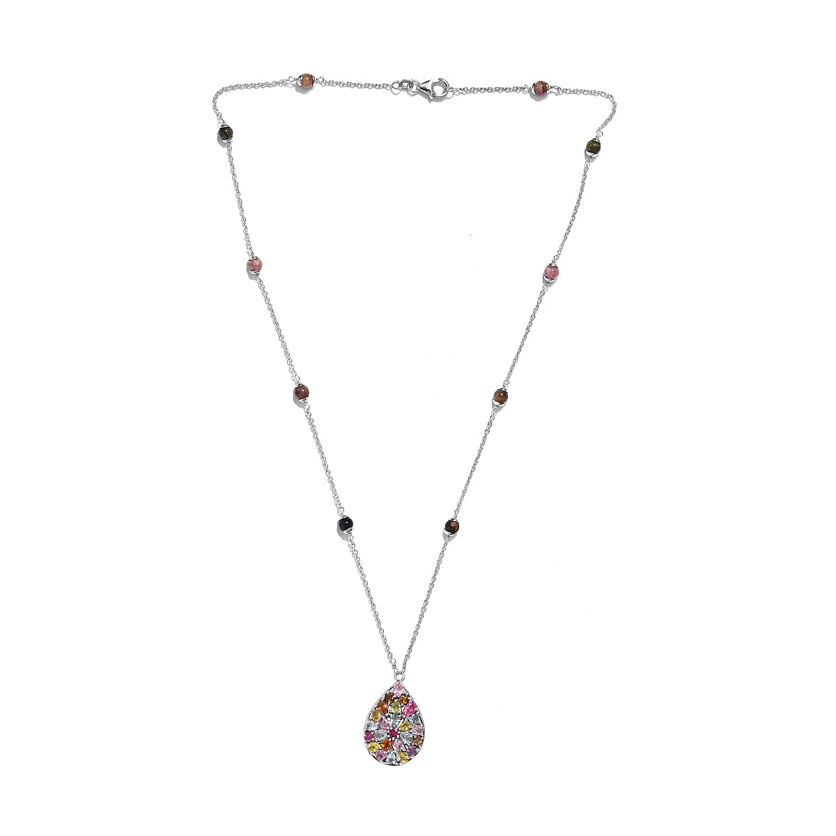 Multi-Tourmaline Cluster Necklace (Size - 20) in Platinum Overlay Sterling Silver 10.59 Ct, Silver Wt. 7.28 Gms
