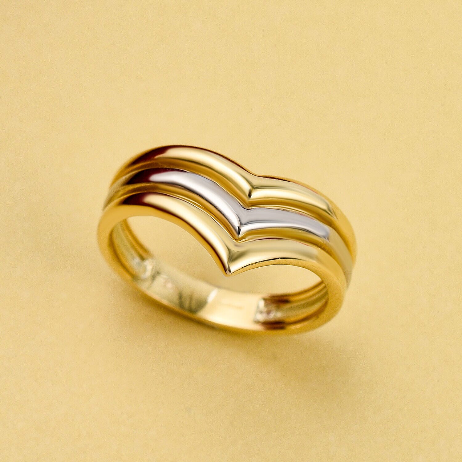 9K White and Yellow Gold Triple Chevron V Ring