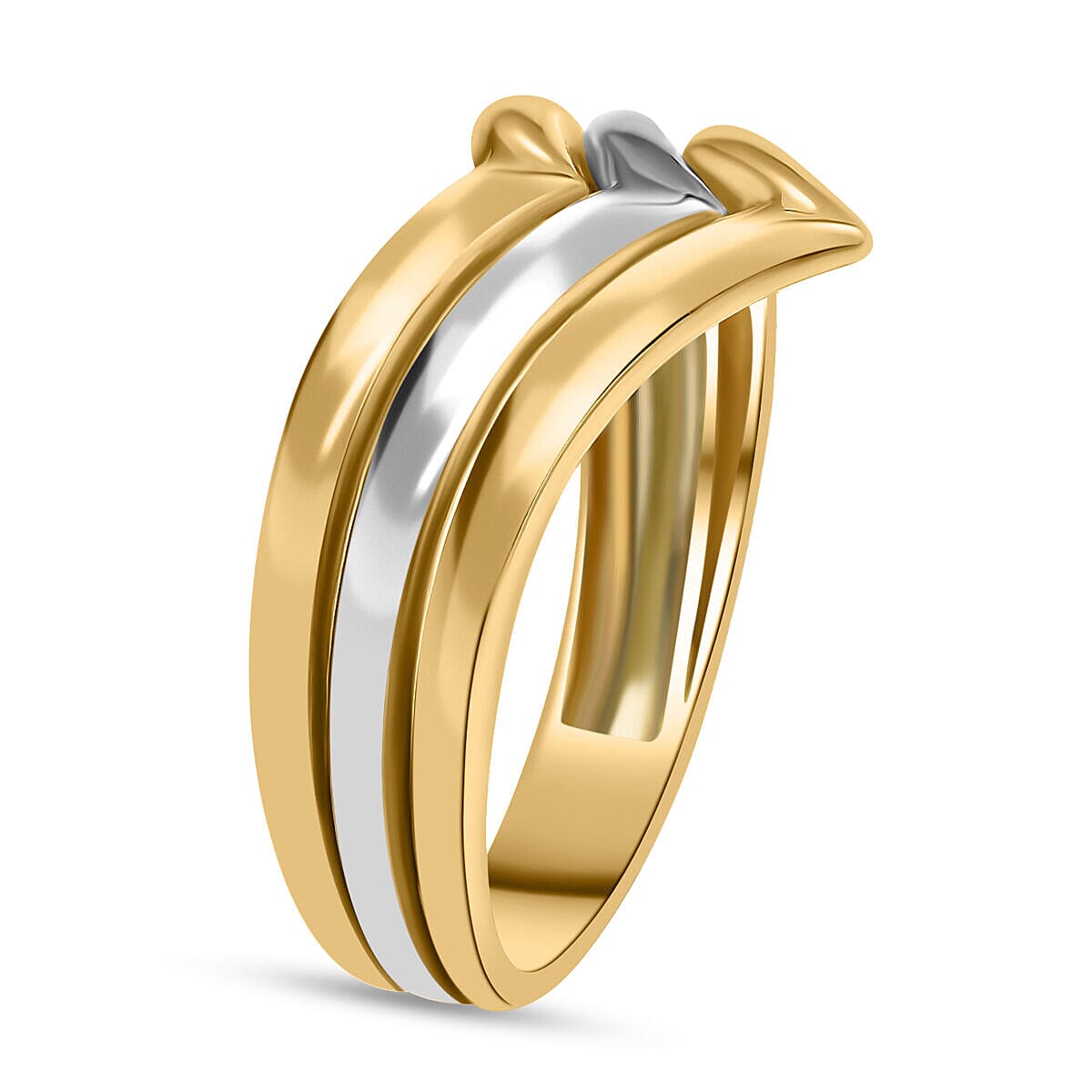 9K White and Yellow Gold Triple Chevron V Ring