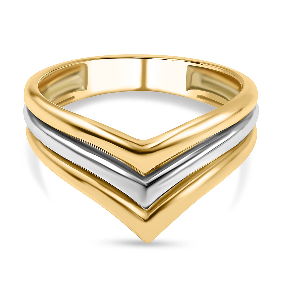 9K White and Yellow Gold Triple Chevron V Ring