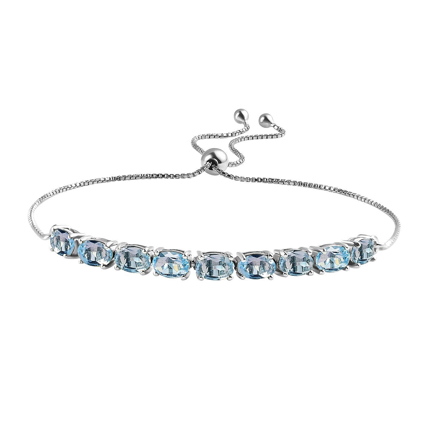 Skyblue Topaz Bracelet (Size 6.5 to 9.5) Adjustable in Platinum Overlay Sterling Silver 5.12 Ct.