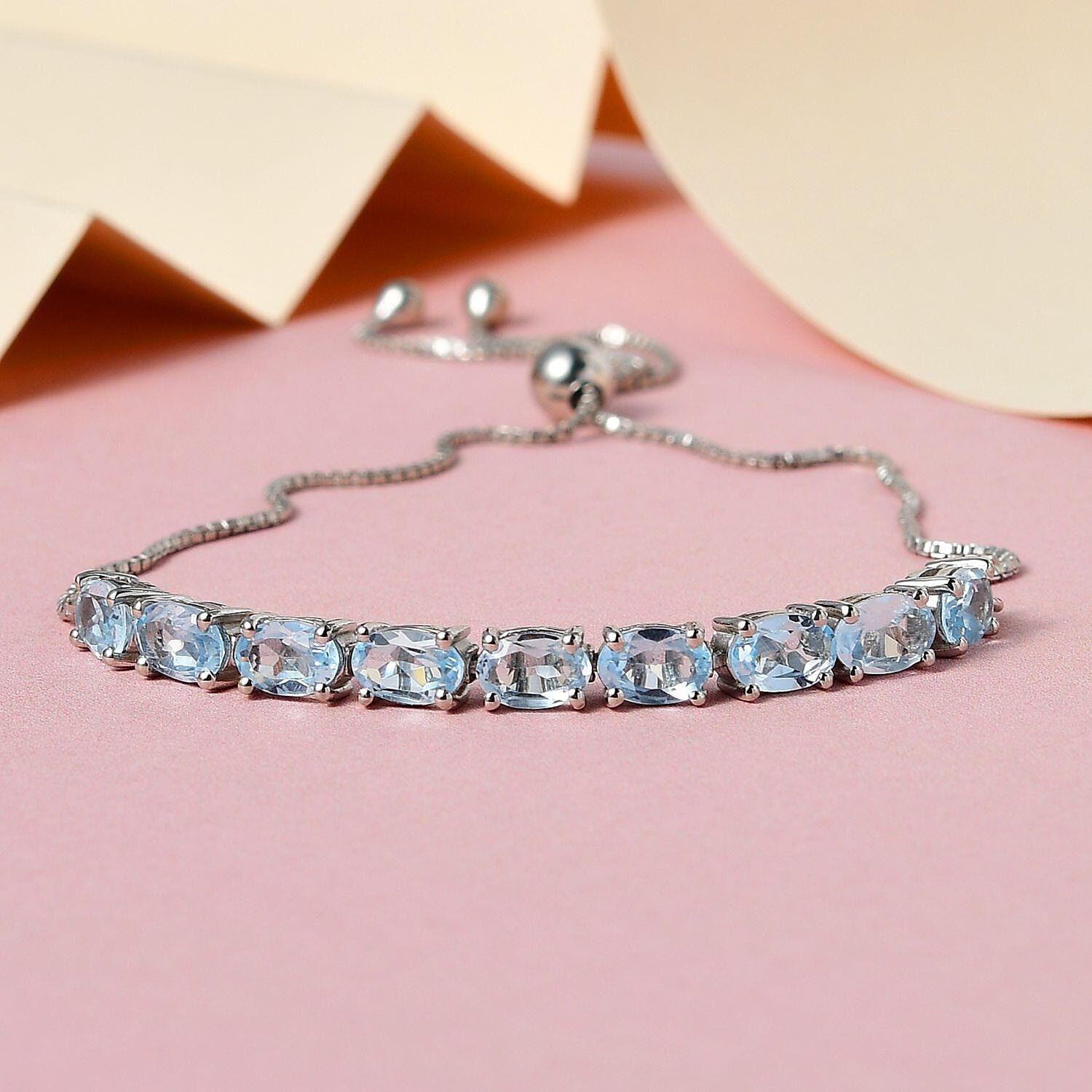 Skyblue Topaz Bracelet (Size 6.5 to 9.5) Adjustable in Platinum Overlay Sterling Silver 5.12 Ct.