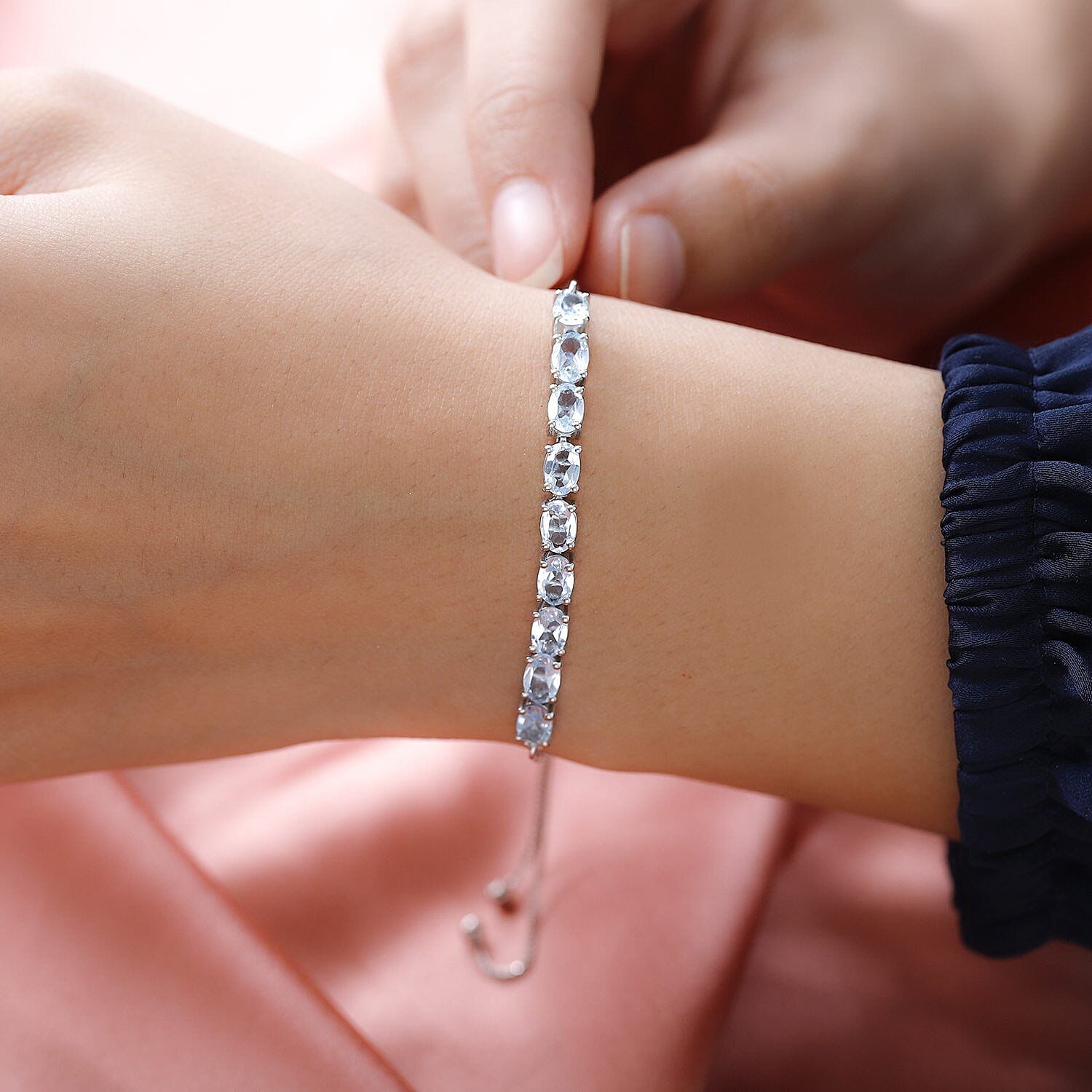 Skyblue Topaz Bracelet (Size 6.5 to 9.5) Adjustable in Platinum Overlay Sterling Silver 5.12 Ct.