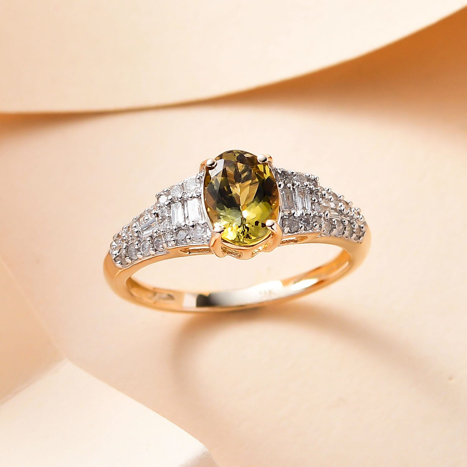 9K Yellow Gold Natural Yellow Tanzanite and Diamond Ring 1.4 Ct.