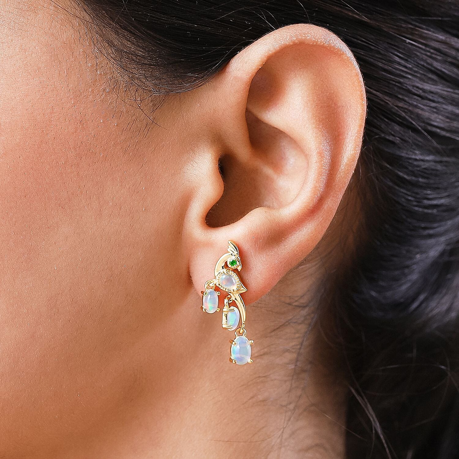 Ethiopian Welo Opal and Natural Chrome Diopside Peacock Earrings (With Push Back) in 18K Vermeil Yellow Gold Overlay Sterling Silver 1.69 Ct.