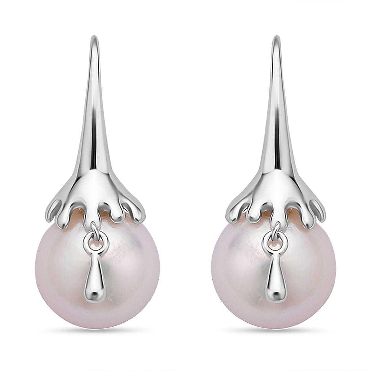 LucyQ Pearl Drop Collection - White Edison Pearl Earrings (With Hook) in Rhodium Overlay Sterling Silver