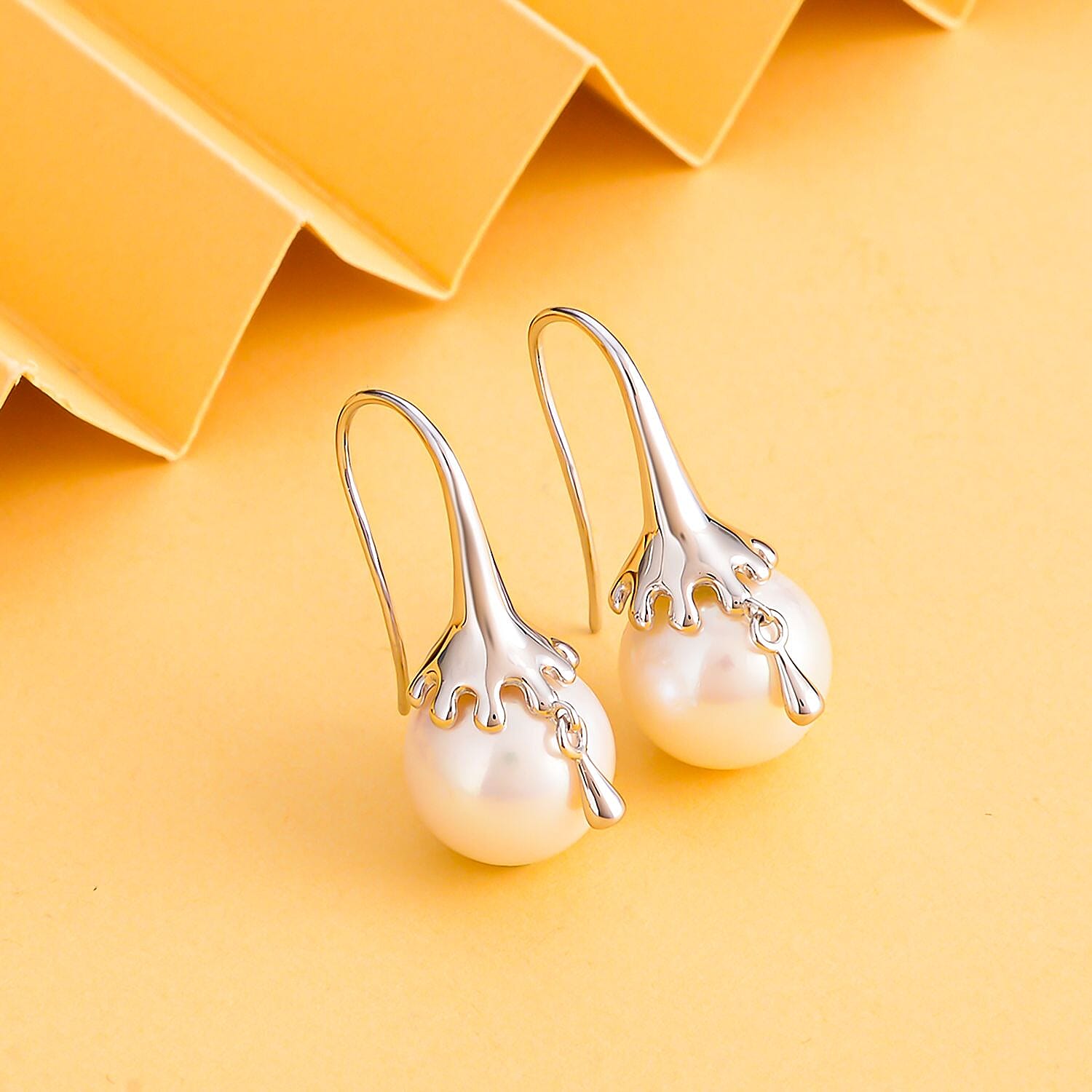 LucyQ Pearl Drop Collection - White Edison Pearl Earrings (With Hook) in Rhodium Overlay Sterling Silver