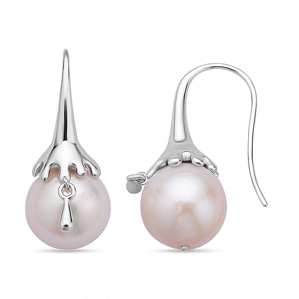 LucyQ Pearl Drop Collection - White Edison Pearl Earrings (With Hook) in Rhodium Overlay Sterling Silver