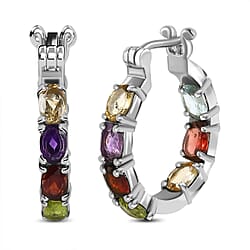 Citrine, Red Garnet and Multi Gemstone J Hoop Earrings in Stainless Steel 7.494 Ct.