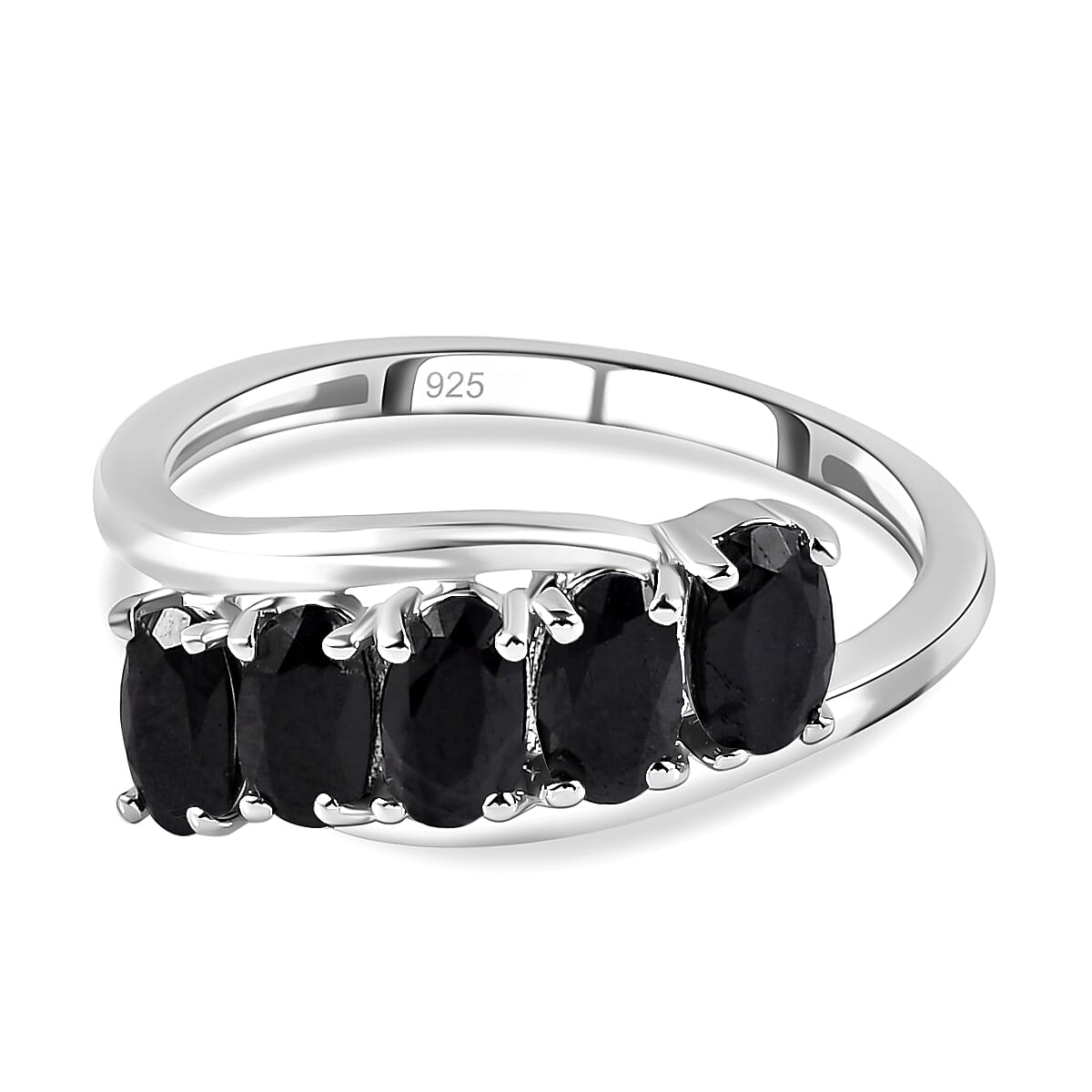 Black Sapphire 5 Stone Ring in Platinum Overlay Sterling Silver 1.690 Ct.