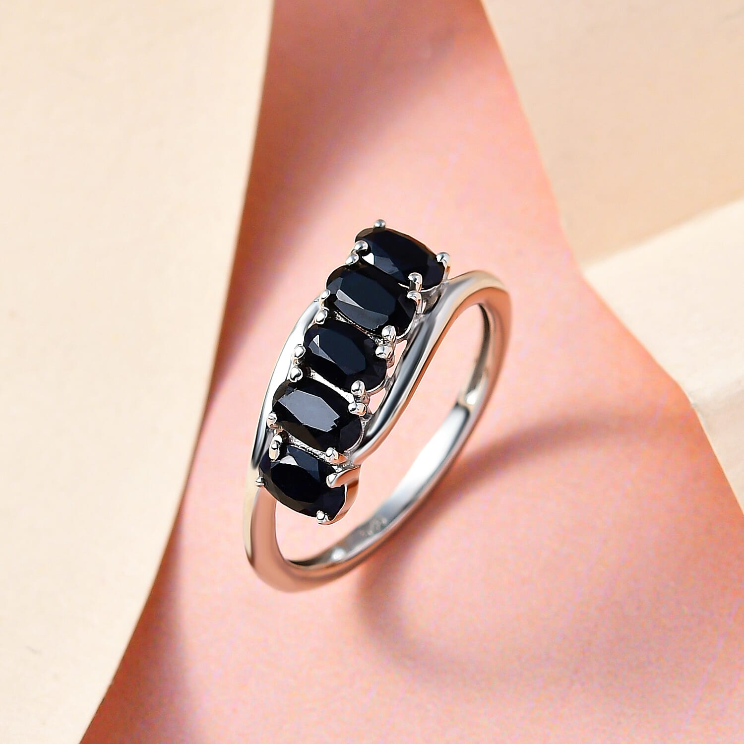 Black Sapphire 5 Stone Ring in Platinum Overlay Sterling Silver 1.690 Ct.